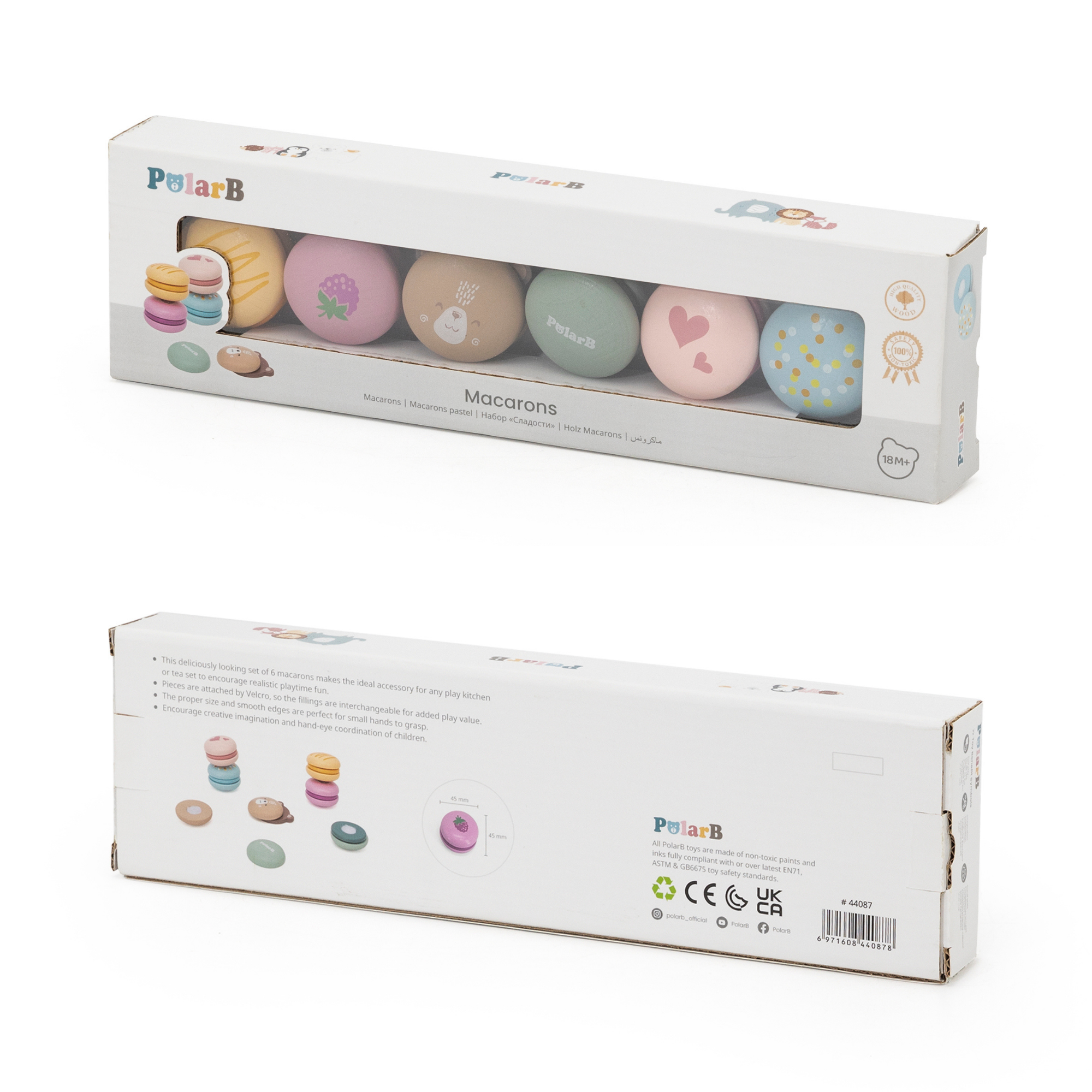 مجموعة ألعاب الماكرون الخشبية من PolarB، مكونة من 6 قطع من ألعاب الطعام التظاهرية للأطفال، آمنة وملونة وخيالية للعب الأدوار للأطفال الصغار ومرحلة ما قبل المدرسة من عمر سنتين فما فوق