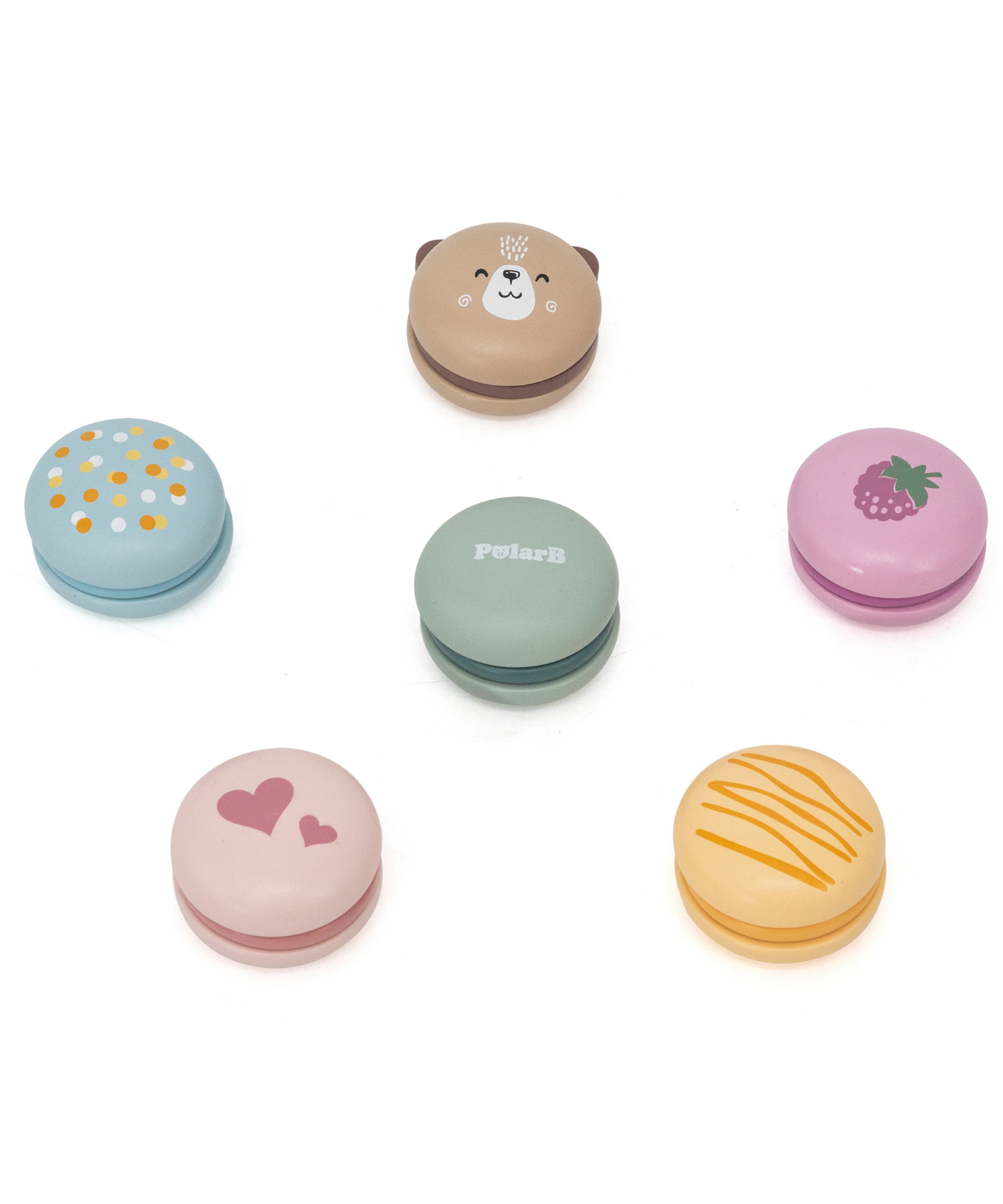 مجموعة ألعاب الماكرون الخشبية من PolarB، مكونة من 6 قطع من ألعاب الطعام التظاهرية للأطفال، آمنة وملونة وخيالية للعب الأدوار للأطفال الصغار ومرحلة ما قبل المدرسة من عمر سنتين فما فوق