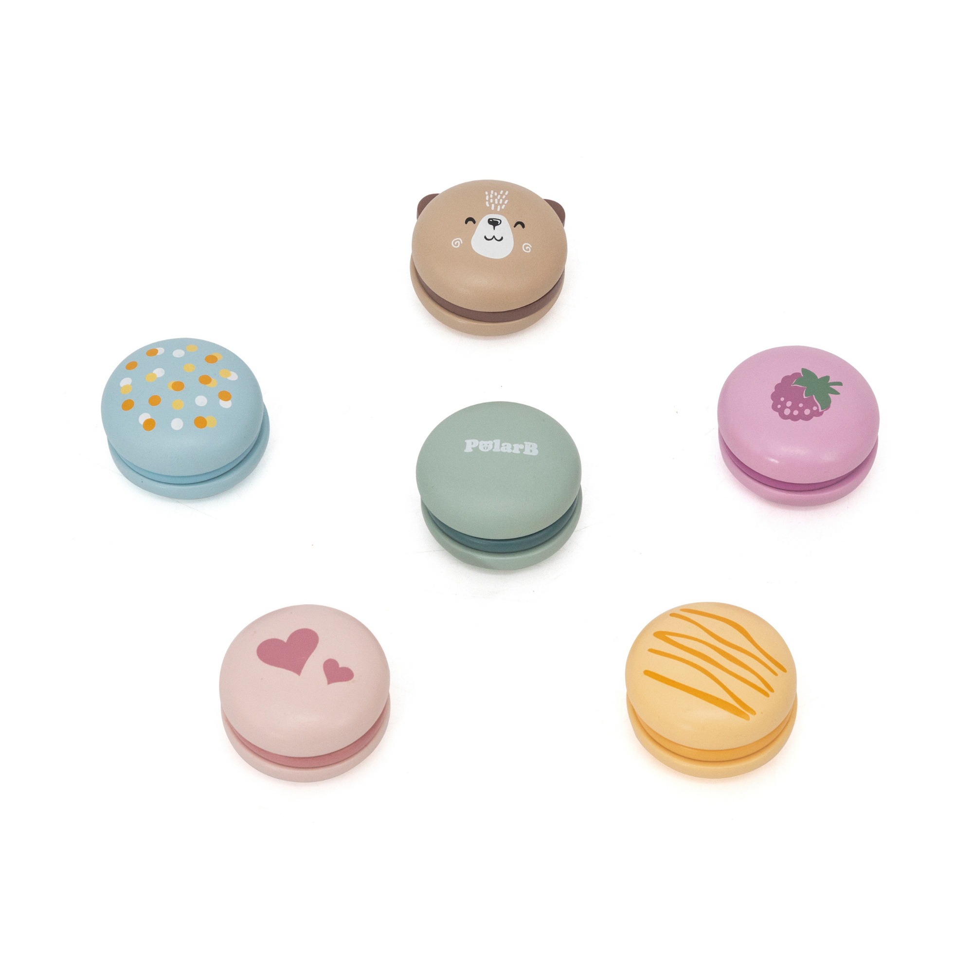 مجموعة ألعاب الماكرون الخشبية من PolarB، مكونة من 6 قطع من ألعاب الطعام التظاهرية للأطفال، آمنة وملونة وخيالية للعب الأدوار للأطفال الصغار ومرحلة ما قبل المدرسة من عمر سنتين فما فوق