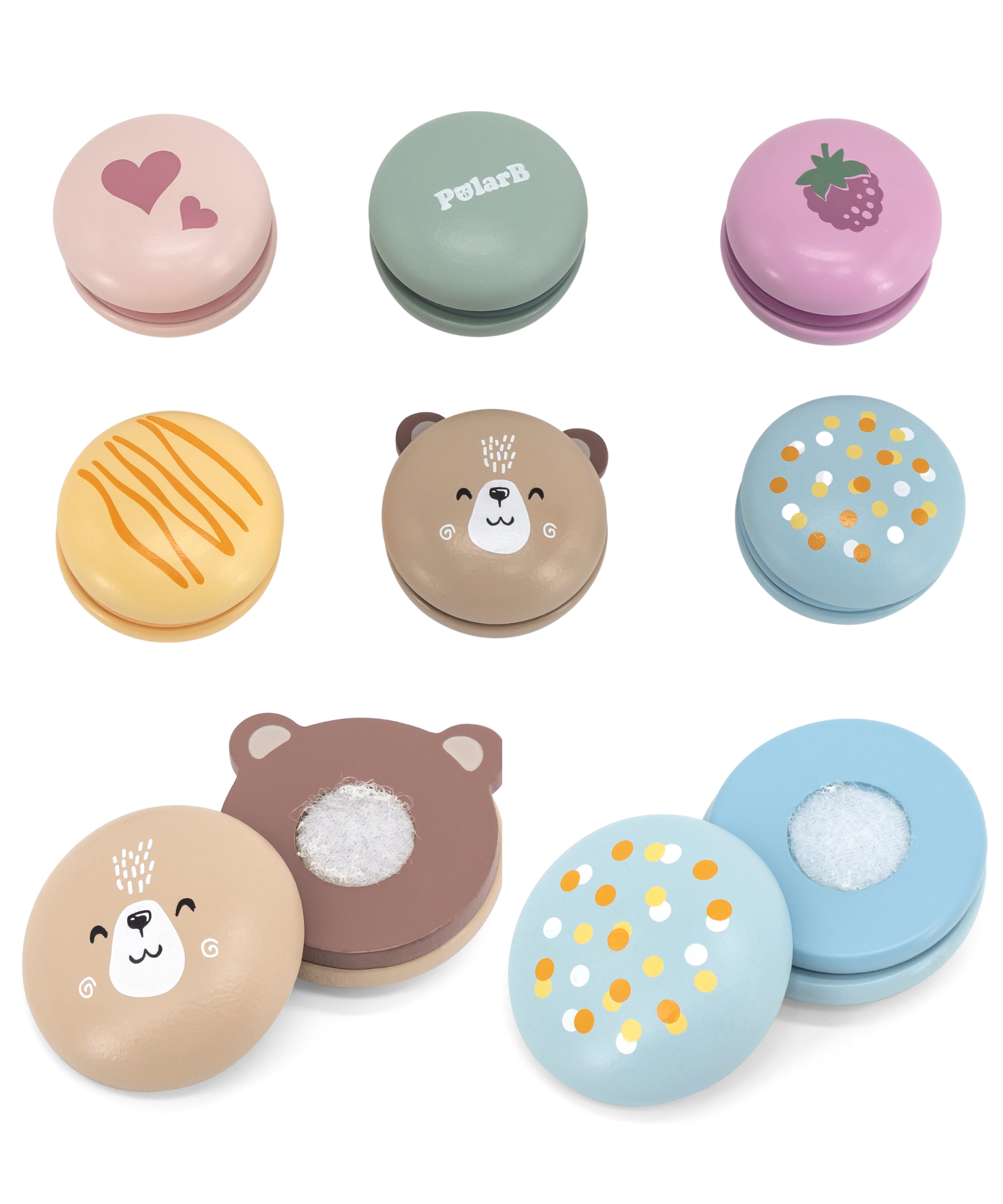 مجموعة ألعاب الماكرون الخشبية من PolarB، مكونة من 6 قطع من ألعاب الطعام التظاهرية للأطفال، آمنة وملونة وخيالية للعب الأدوار للأطفال الصغار ومرحلة ما قبل المدرسة من عمر سنتين فما فوق