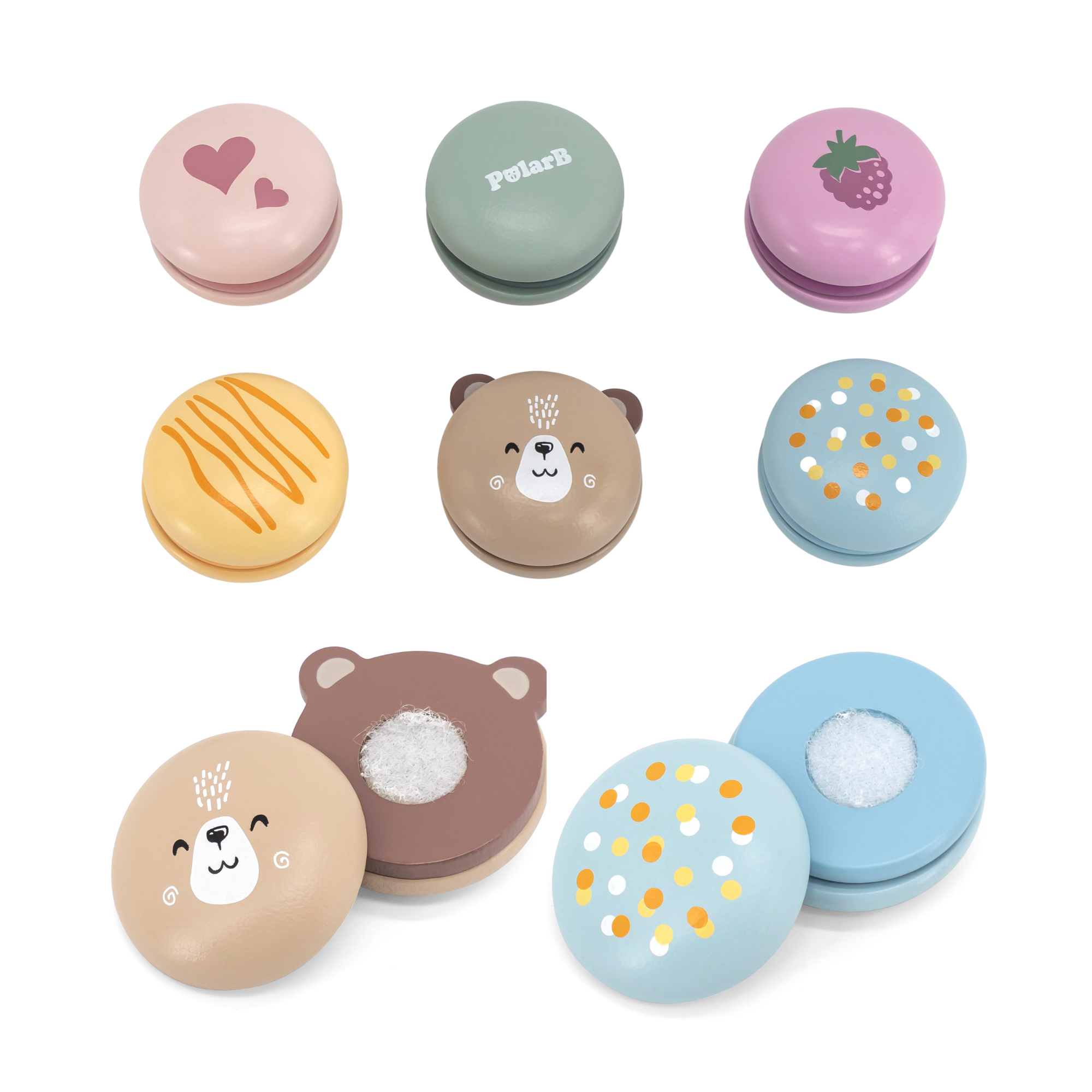 مجموعة ألعاب الماكرون الخشبية من PolarB، مكونة من 6 قطع من ألعاب الطعام التظاهرية للأطفال، آمنة وملونة وخيالية للعب الأدوار للأطفال الصغار ومرحلة ما قبل المدرسة من عمر سنتين فما فوق