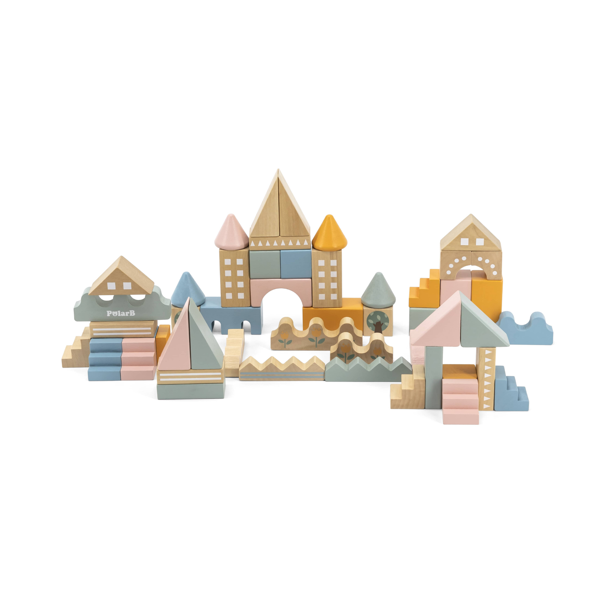 مجموعة مكعبات بناء مدينة بولار بي للأطفال الصغار، لعبة بناء خشبية مكونة من 60 قطعة مع مركبات وملحقات، لعبة تعليمية وخيالية للأطفال من سن سنتين فما فوق
