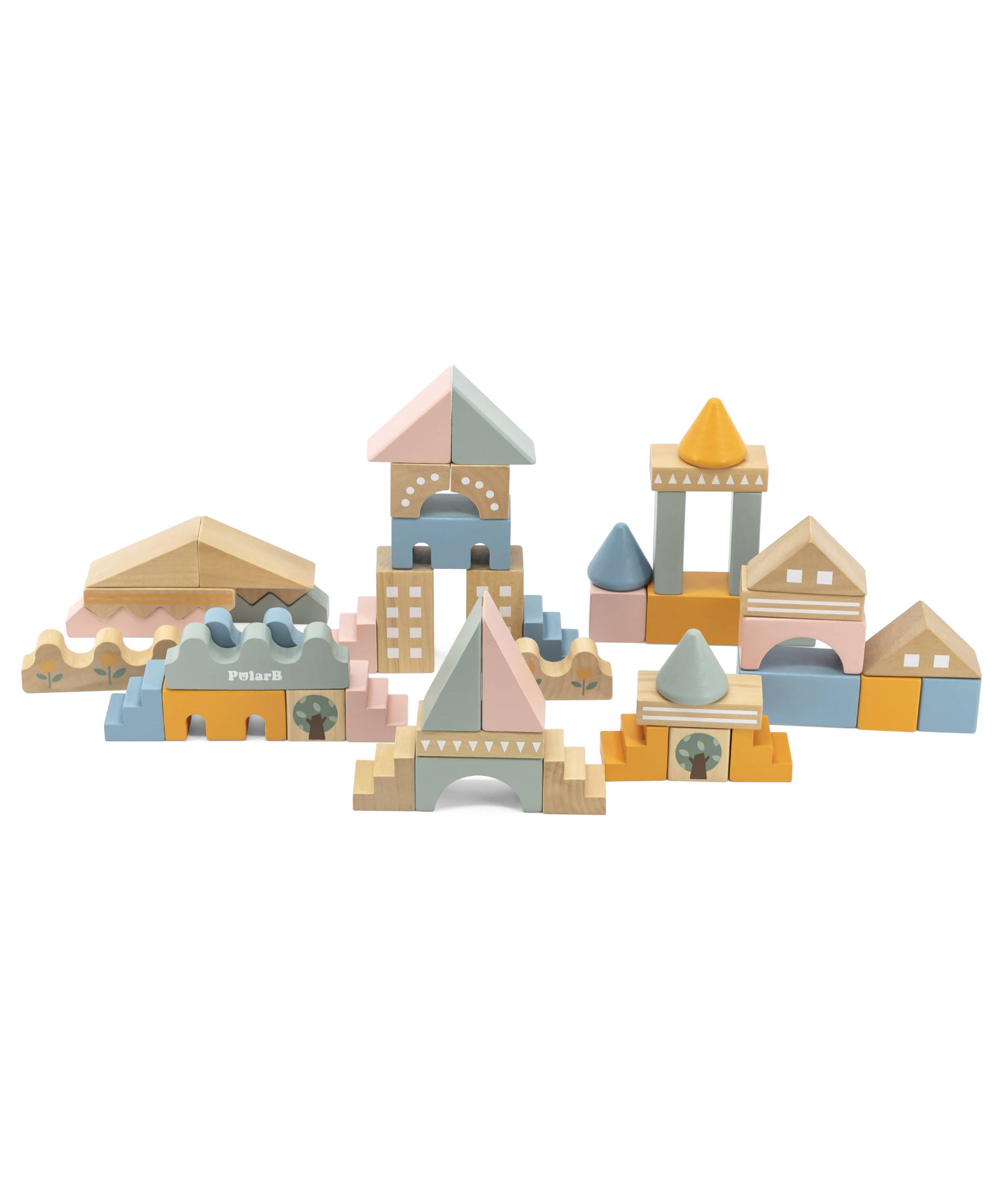 مجموعة مكعبات بناء مدينة بولار بي للأطفال الصغار، لعبة بناء خشبية مكونة من 60 قطعة مع مركبات وملحقات، لعبة تعليمية وخيالية للأطفال من سن سنتين فما فوق