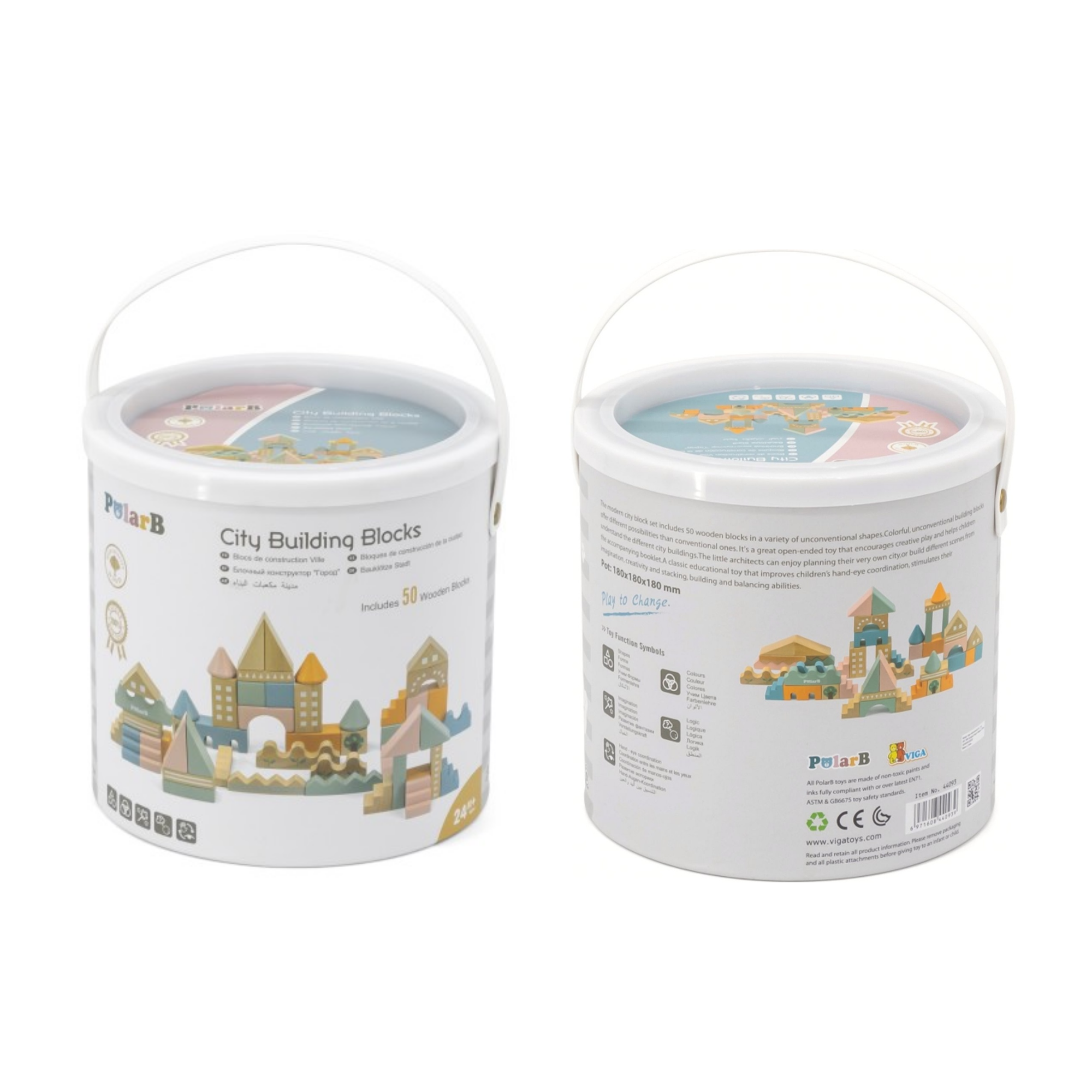 مجموعة مكعبات بناء مدينة بولار بي للأطفال الصغار، لعبة بناء خشبية مكونة من 60 قطعة مع مركبات وملحقات، لعبة تعليمية وخيالية للأطفال من سن سنتين فما فوق