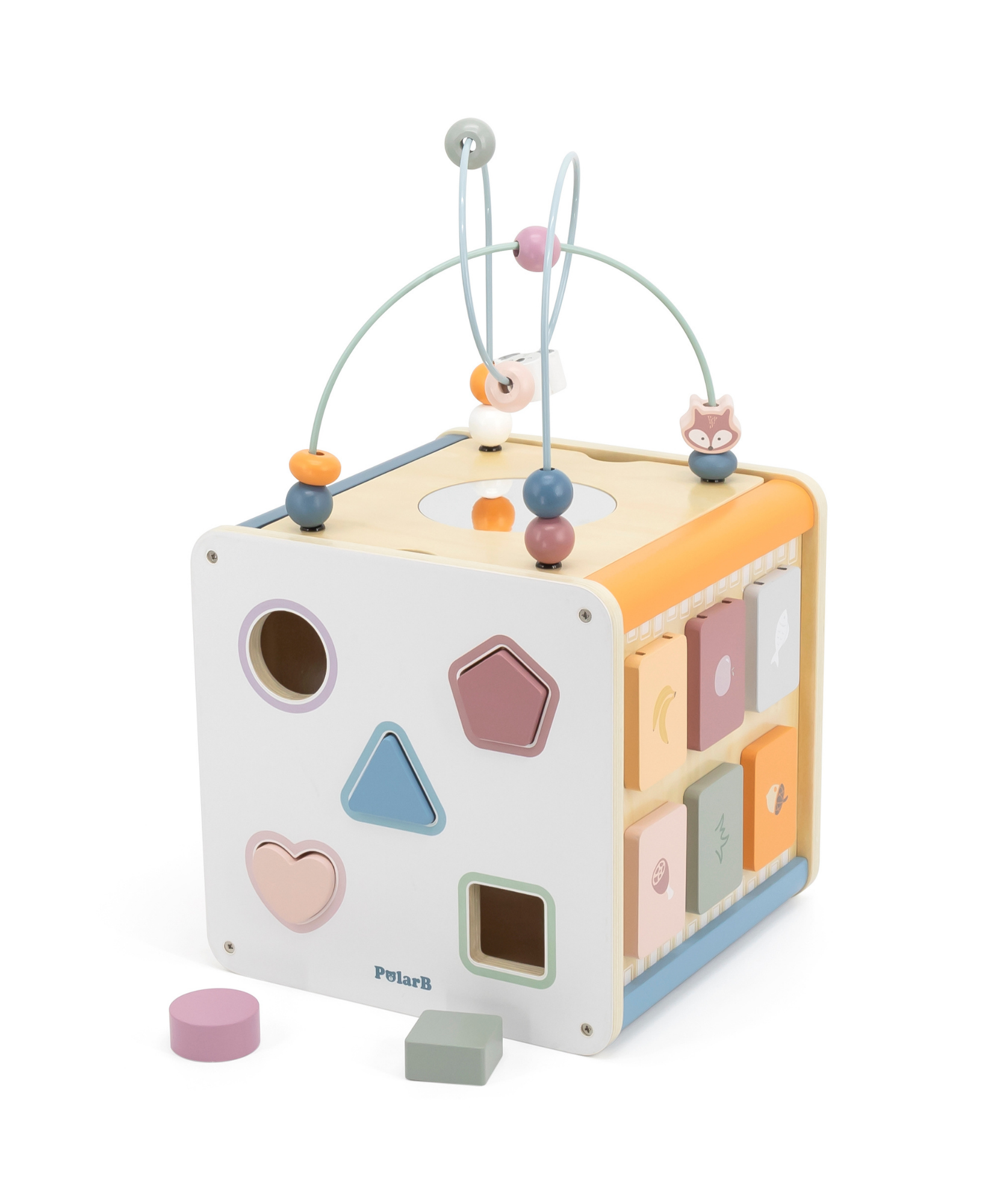 PolarB 8-in-1 Wooden Activity Cube for Toddlers, Sensory Learning Toy with Xylophone, Shape Sorter, Bead Maze, Mirror, Blackboard and More, Develops Fine Motor Skills and Creativity