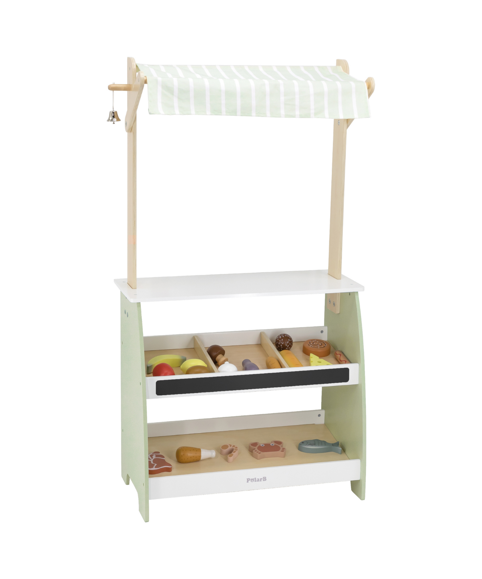 PolarB Wooden Market Stall for Kids, Includes 18 Play Food Accessories and Cash Register, Pretend Grocery Store with Bell, Blackboard and Display Shelves, Educational Toy for Ages 3 to 8