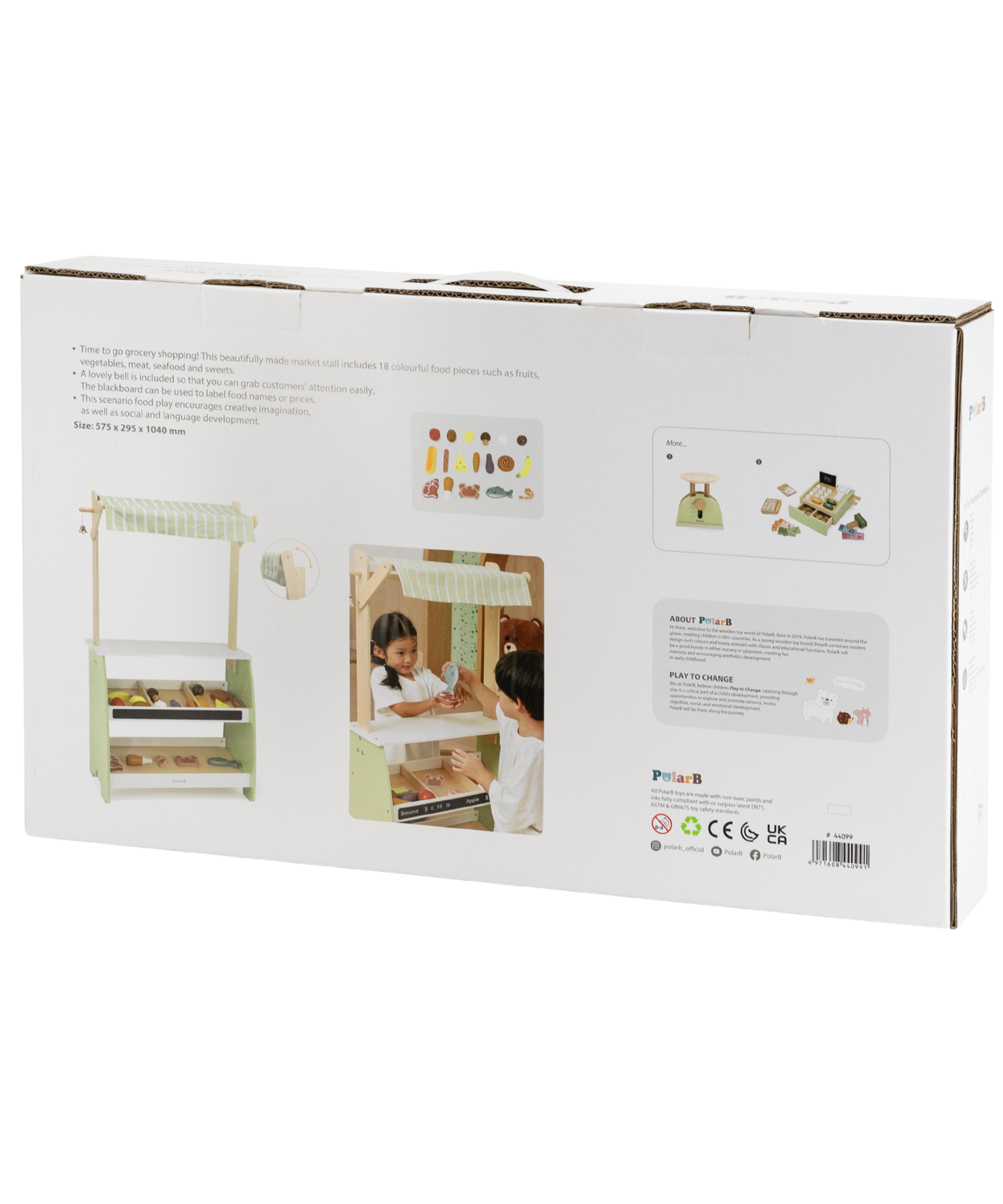 PolarB Wooden Market Stall for Kids, Includes 18 Play Food Accessories and Cash Register, Pretend Grocery Store with Bell, Blackboard and Display Shelves, Educational Toy for Ages 3 to 8