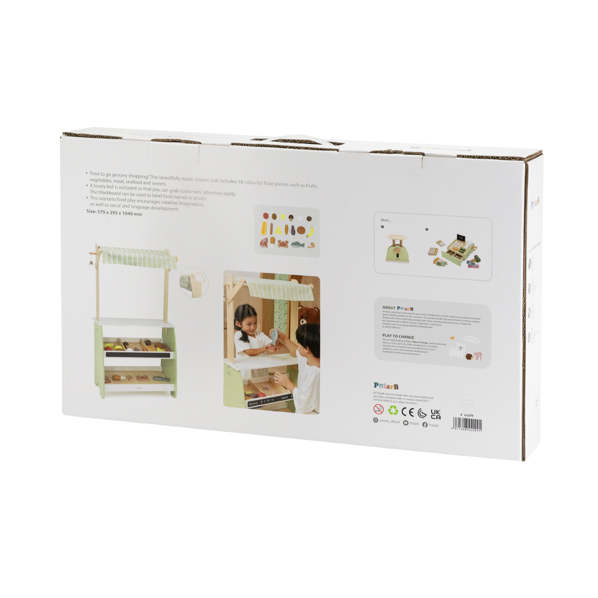 كشك سوق خشبي من PolarB للأطفال، يتضمن 18 قطعة من إكسسوارات الطعام وماكينة تسجيل المدفوعات النقدية، متجر بقالة تظاهري مع جرس ولوحة ورفوف عرض، لعبة تعليمية للأعمار من 3 إلى 8 سنوات
