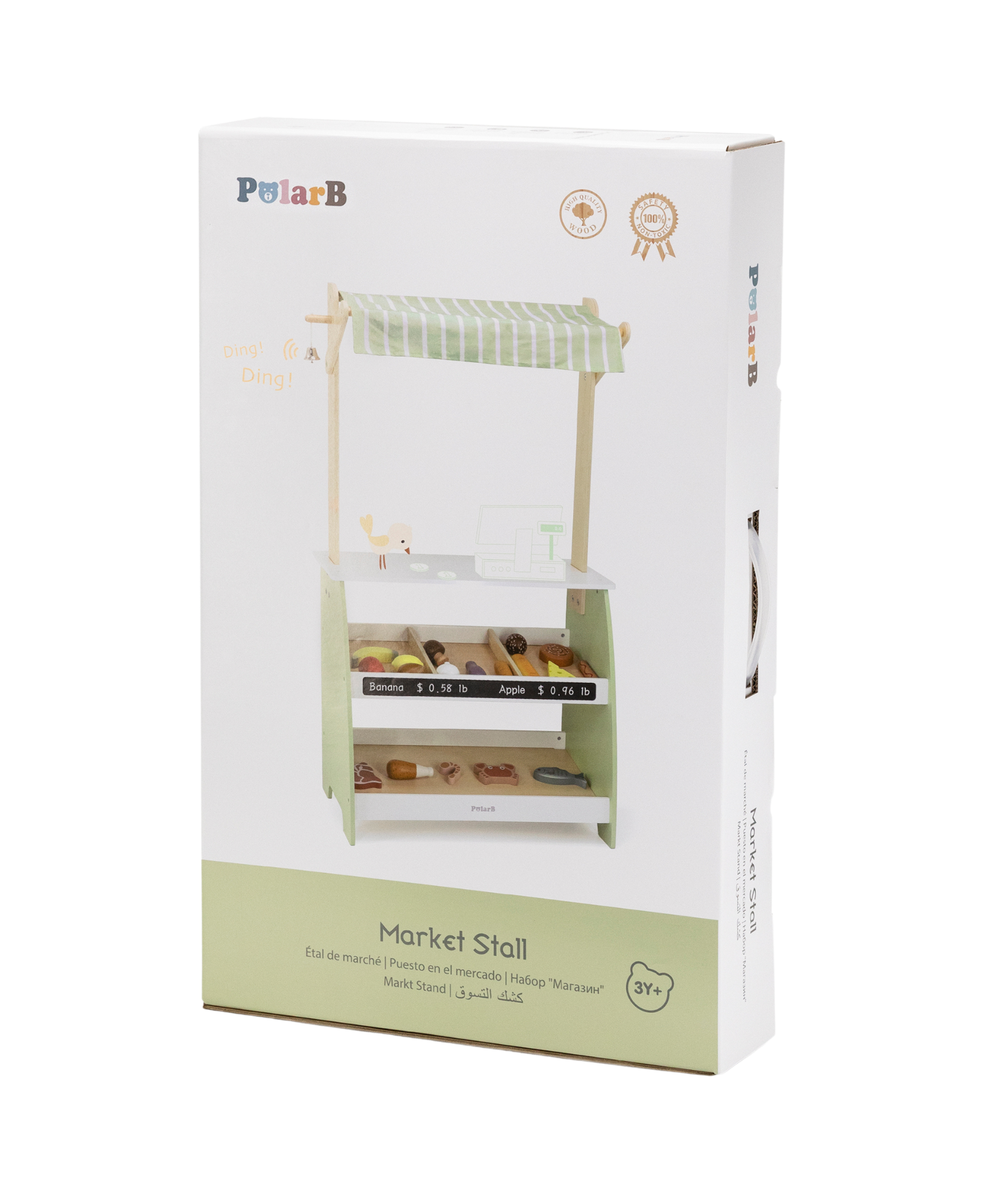 PolarB Wooden Market Stall for Kids, Includes 18 Play Food Accessories and Cash Register, Pretend Grocery Store with Bell, Blackboard and Display Shelves, Educational Toy for Ages 3 to 8