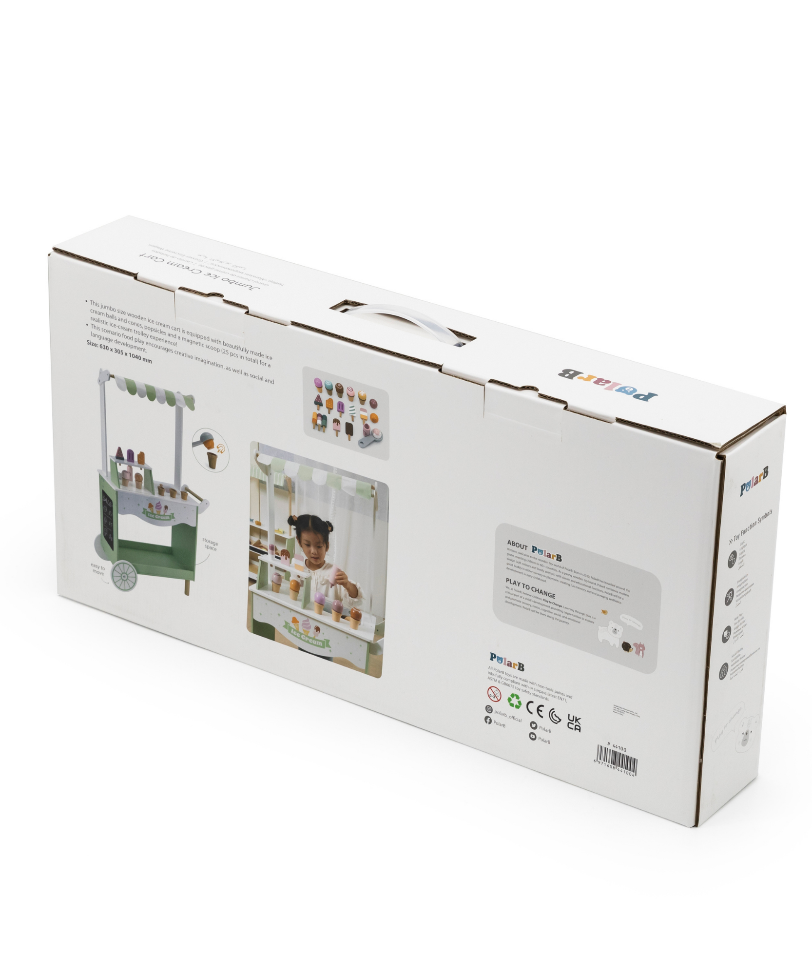 عربة الآيس كريم الخشبية PolarB، عربة لعب تظاهرية كبيرة مع مغرفة مغناطيسية وأقماع ومصاصات وسبورة، لعبة لعب الأدوار للأطفال من سن 3 سنوات فما فوق