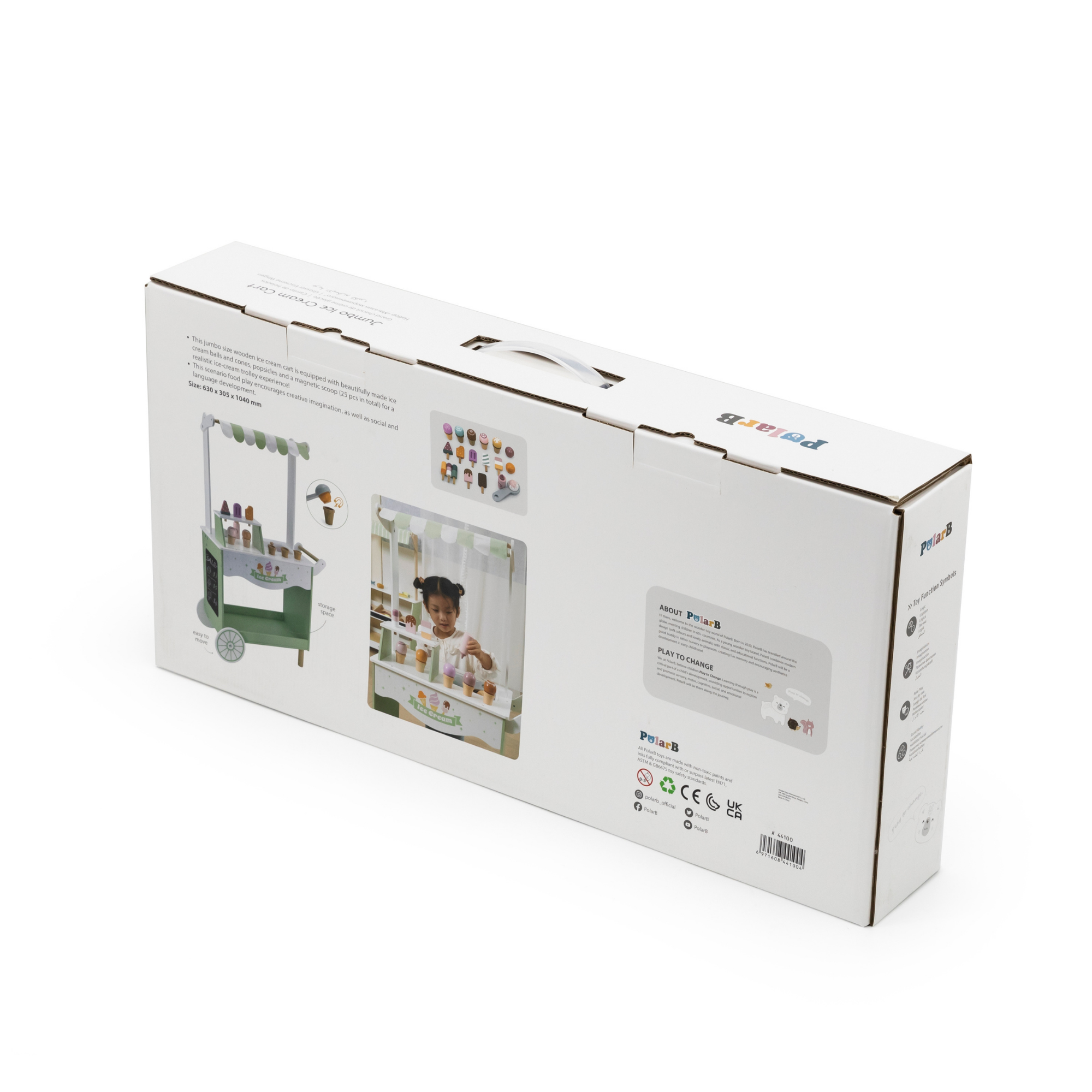 عربة الآيس كريم الخشبية PolarB، عربة لعب تظاهرية كبيرة مع مغرفة مغناطيسية وأقماع ومصاصات وسبورة، لعبة لعب الأدوار للأطفال من سن 3 سنوات فما فوق