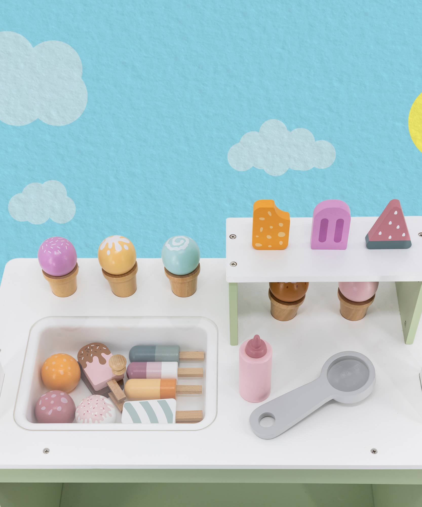 عربة الآيس كريم الخشبية PolarB، عربة لعب تظاهرية كبيرة مع مغرفة مغناطيسية وأقماع ومصاصات وسبورة، لعبة لعب الأدوار للأطفال من سن 3 سنوات فما فوق