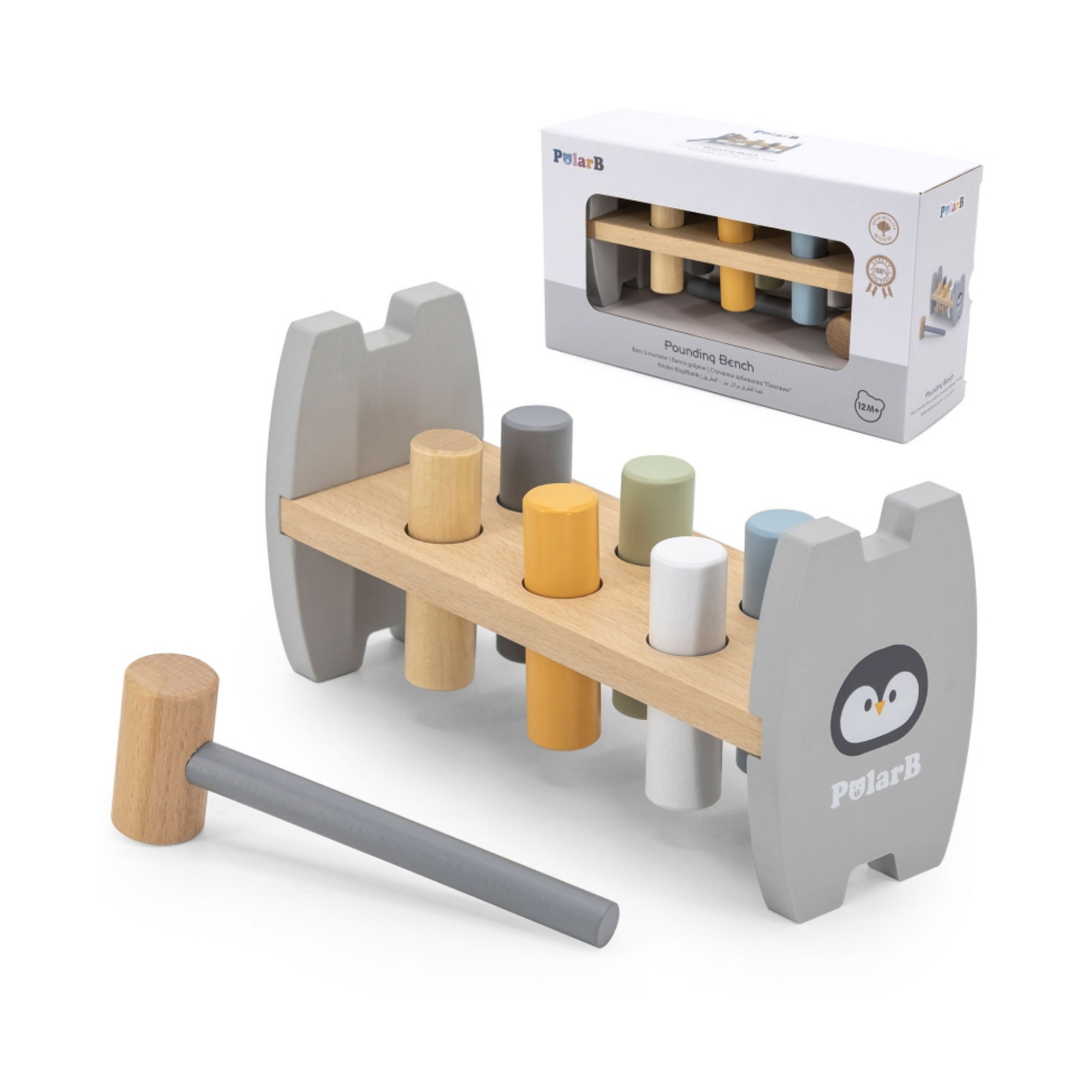 مجموعة PolarB الخشبية للتكديس والضرب بتصميم البطريق، تتضمن أداة تكديس البطريق ومقعد التكديس، لعبة تعليمية مستوحاة من مونتيسوري للأطفال الصغار من عمر سنة فما فوق