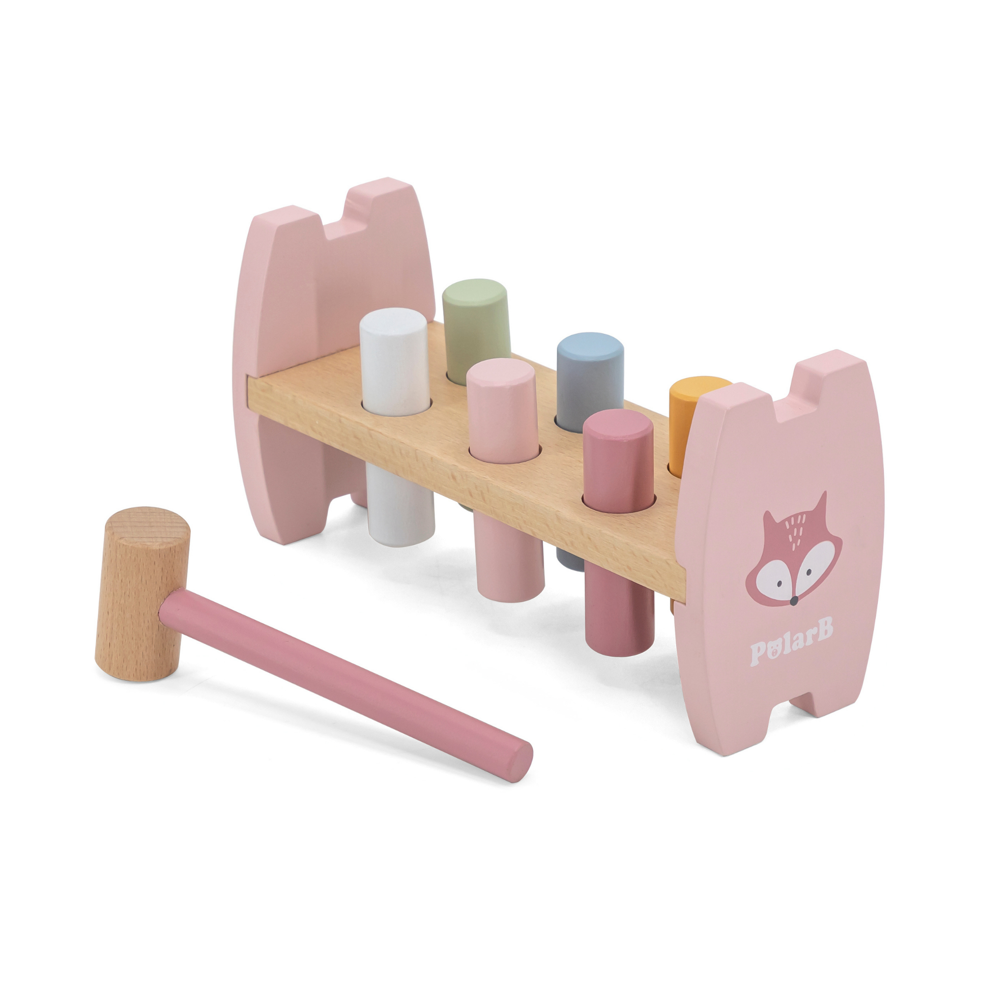 مجموعة PolarB الخشبية للتكديس والضرب بتصميم ثعلب، تتضمن أداة تكديس ثعلب ومقعد ضرب، لعبة تعليمية مستوحاة من مونتيسوري للأطفال الصغار من عمر سنة فما فوق