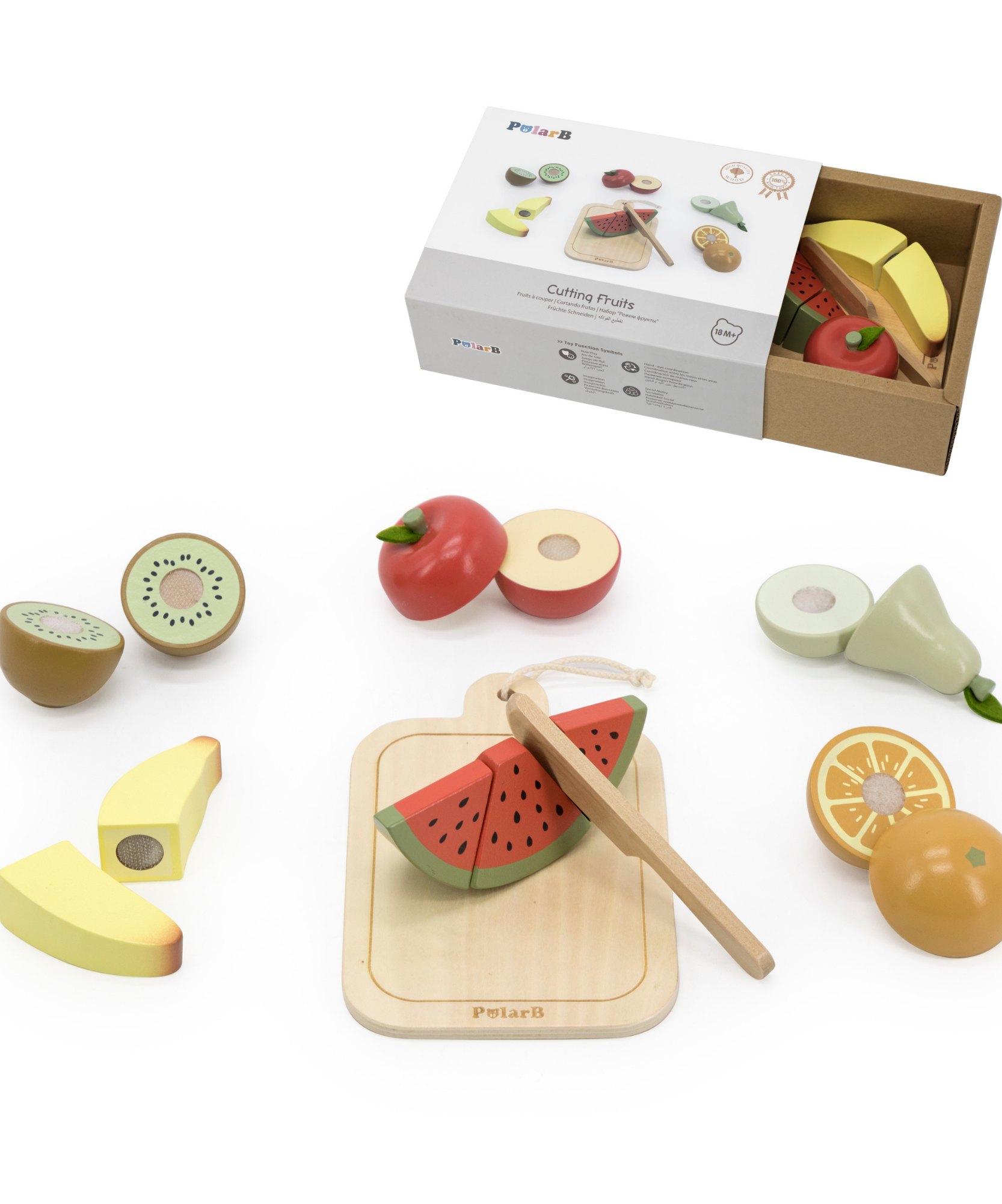 PolarB Wooden Cutting Fruits Play Set for Toddlers, Includes Knife, Cutting Board and 6 Colorful Fruits, Pretend Play Kitchen Toy for Motor Skill Development, Ages 18 Months and Up