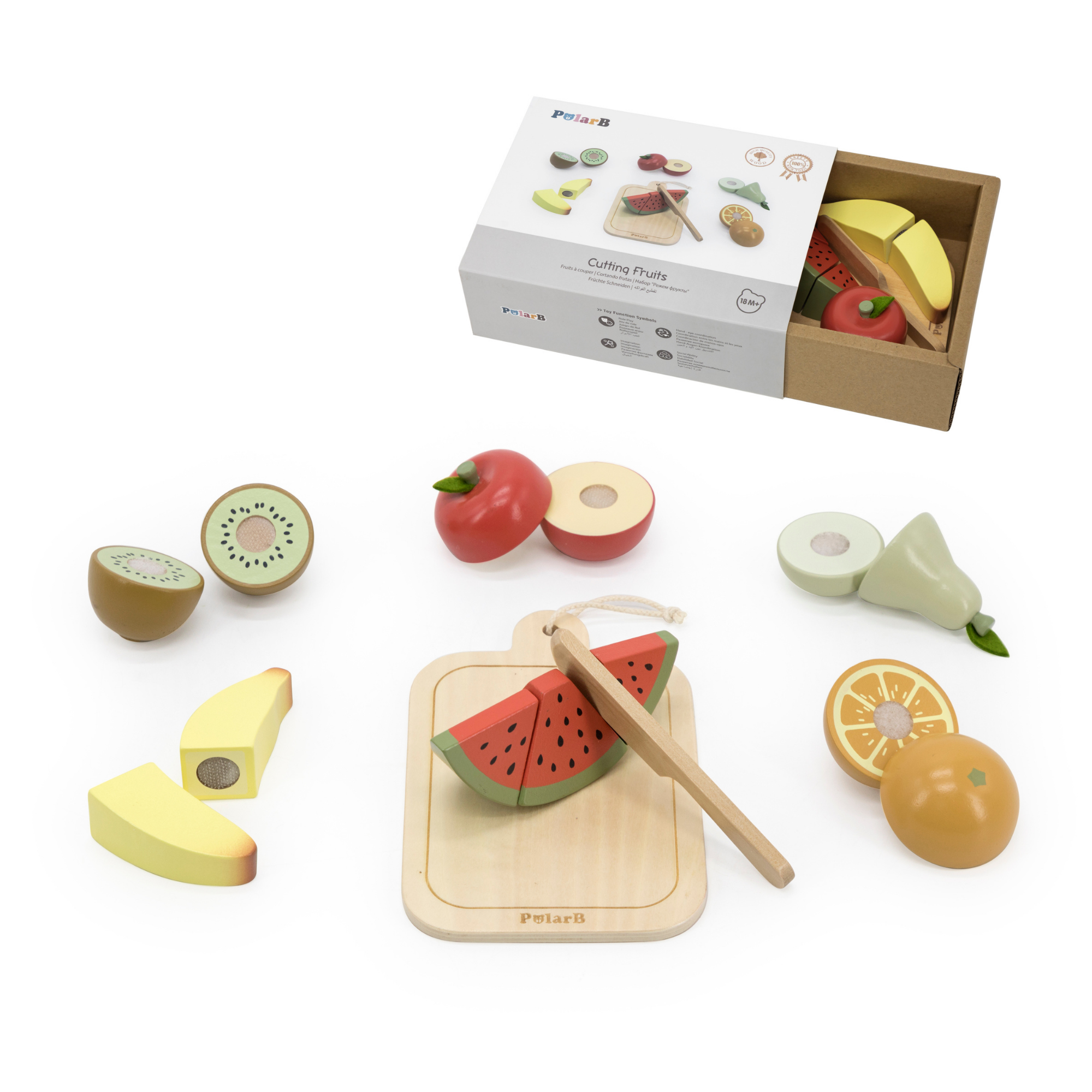 مجموعة لعب تقطيع الفواكه الخشبية من بولار بي للأطفال الصغار، تتضمن سكينًا ولوح تقطيع و6 فواكه ملونة، لعبة مطبخ تظاهرية لتنمية المهارات الحركية، للأعمار من 18 شهرًا فما فوق