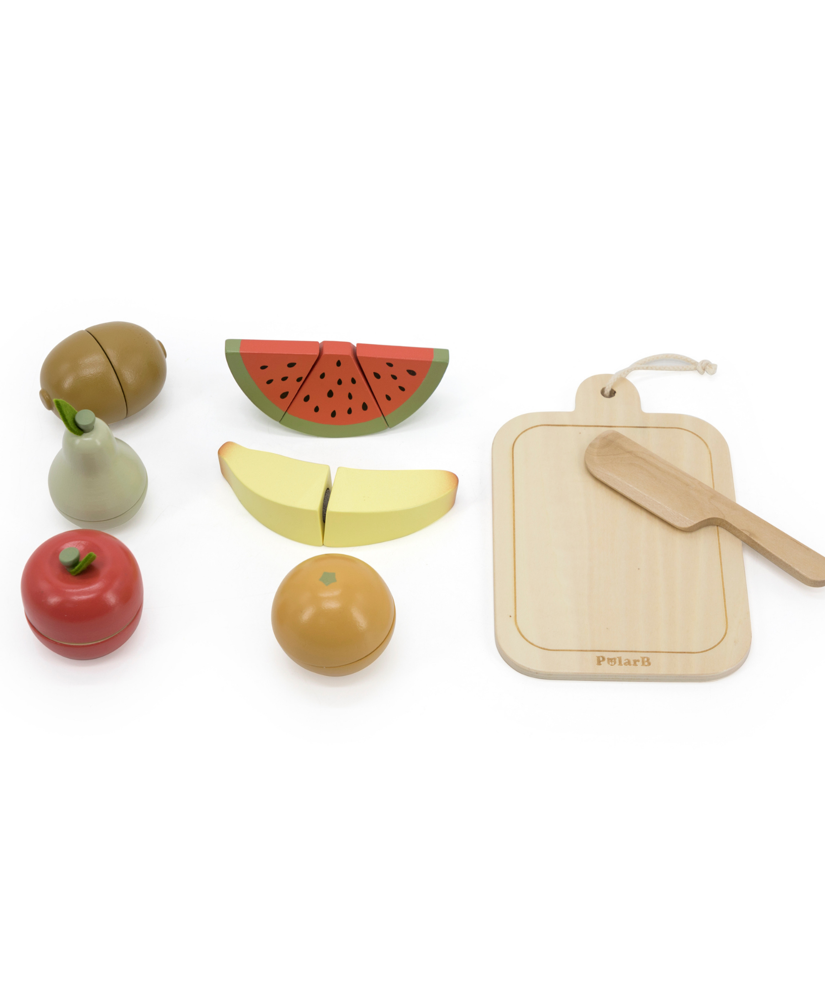 PolarB Wooden Cutting Fruits Play Set for Toddlers, Includes Knife, Cutting Board and 6 Colorful Fruits, Pretend Play Kitchen Toy for Motor Skill Development, Ages 18 Months and Up