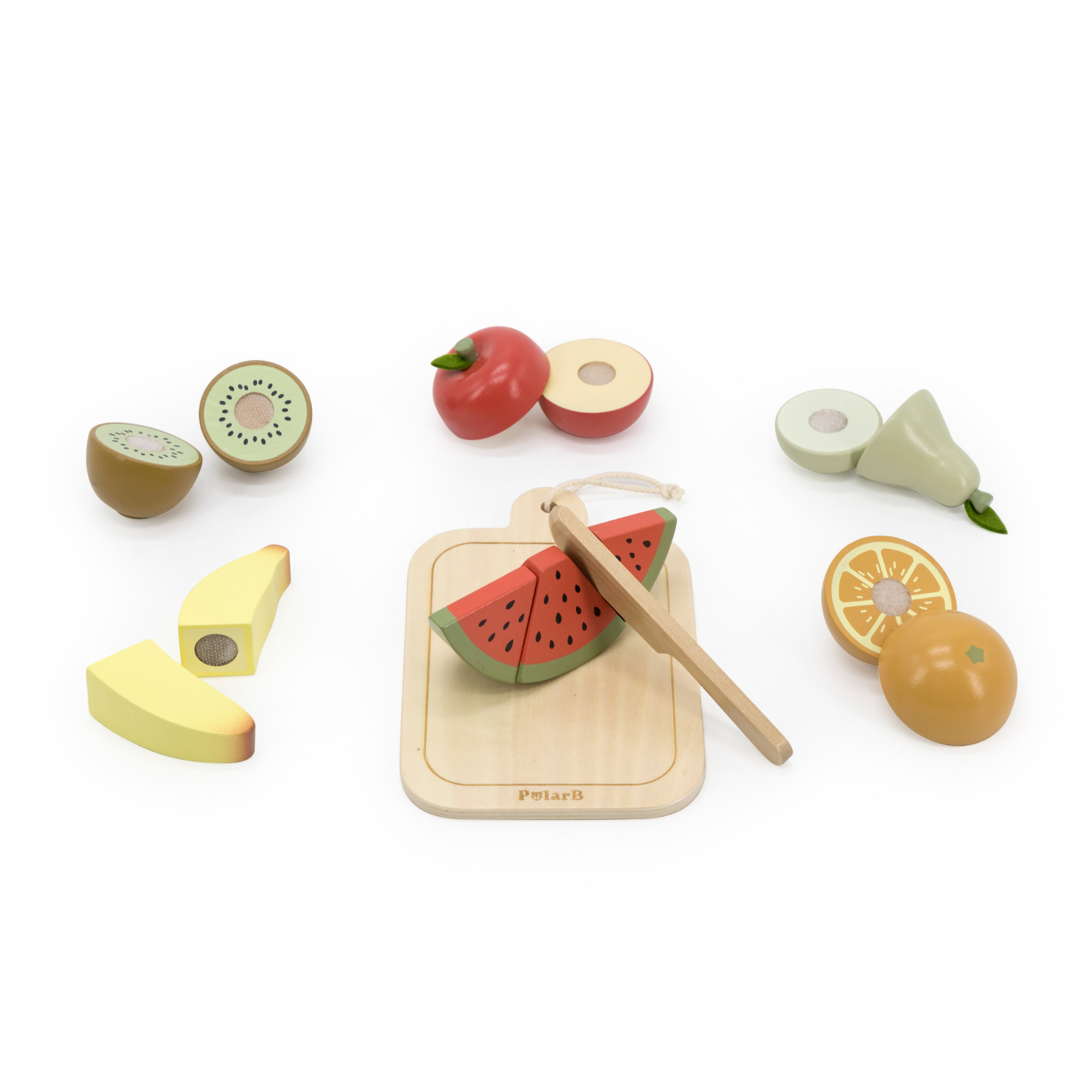 PolarB Wooden Cutting Fruits Play Set for Toddlers, Includes Knife, Cutting Board and 6 Colorful Fruits, Pretend Play Kitchen Toy for Motor Skill Development, Ages 18 Months and Up