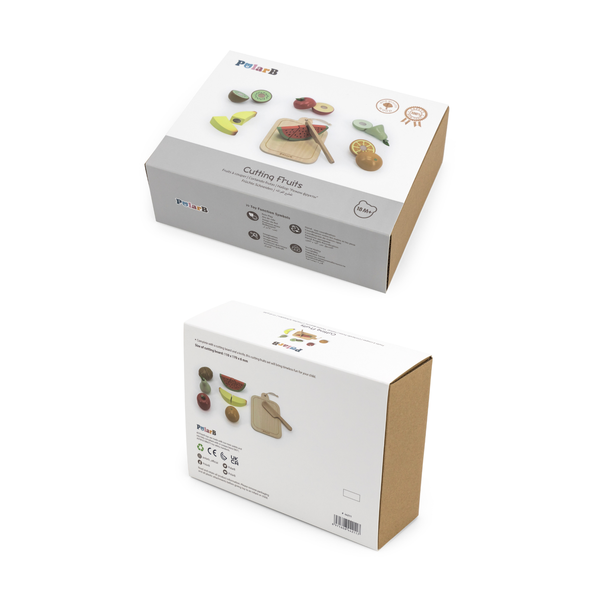 PolarB Wooden Cutting Fruits Play Set for Toddlers, Includes Knife, Cutting Board and 6 Colorful Fruits, Pretend Play Kitchen Toy for Motor Skill Development, Ages 18 Months and Up