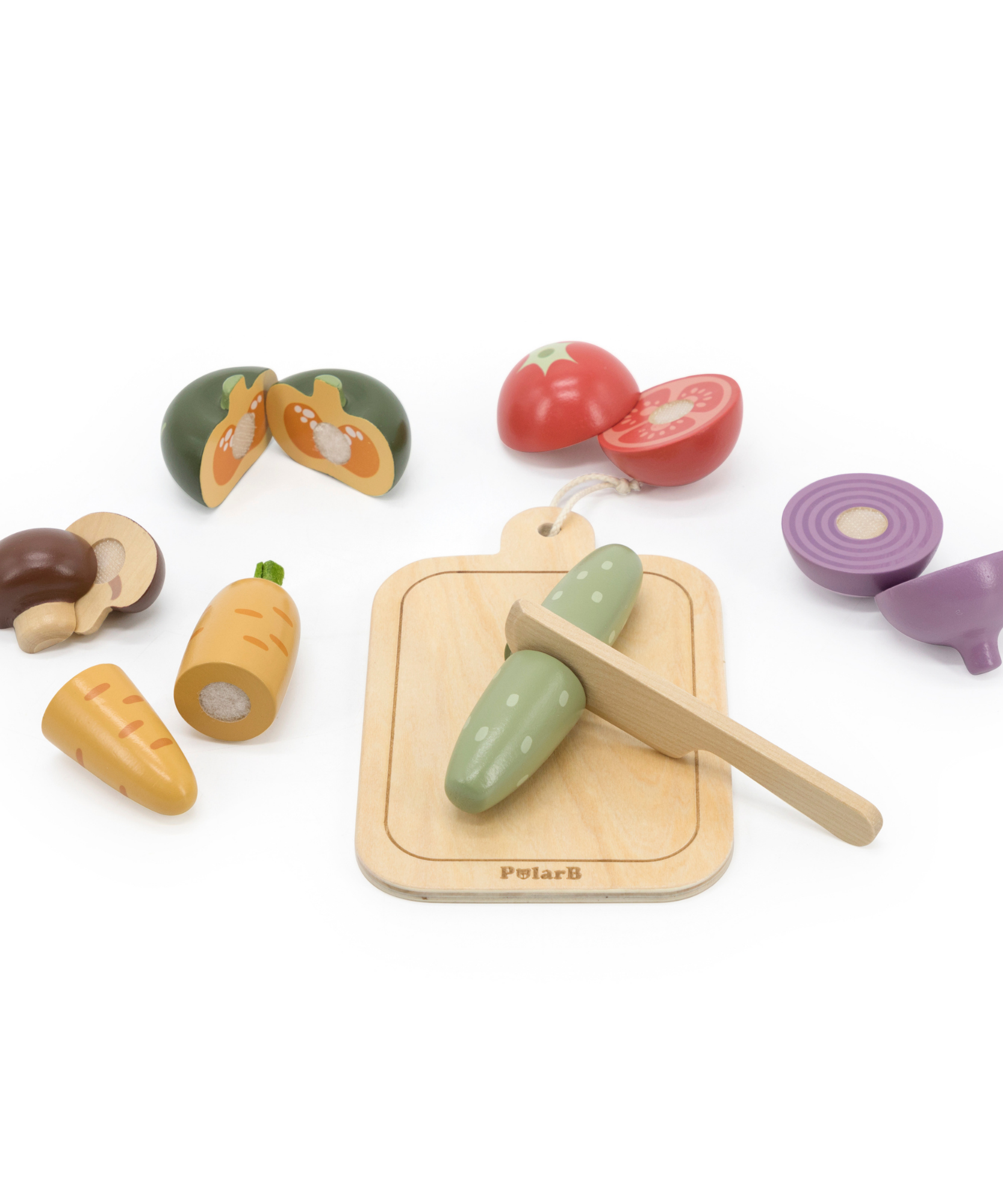 PolarB Wooden Vegetable Chopping Board Set, Pretend Play Cutting Toy with Knife and Board, Montessori Kitchen Learning Toy for Toddlers Ages 18 Months+