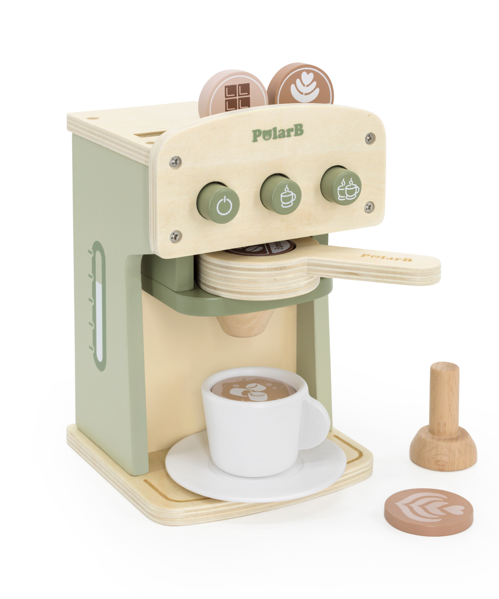 PolarB Wooden Coffee Machine Toy for Kids, Pretend Play Cafe Set with Cup, Saucer, Coffee Pods and Accessories, Role Play Barista Toy for Ages 3 and Up