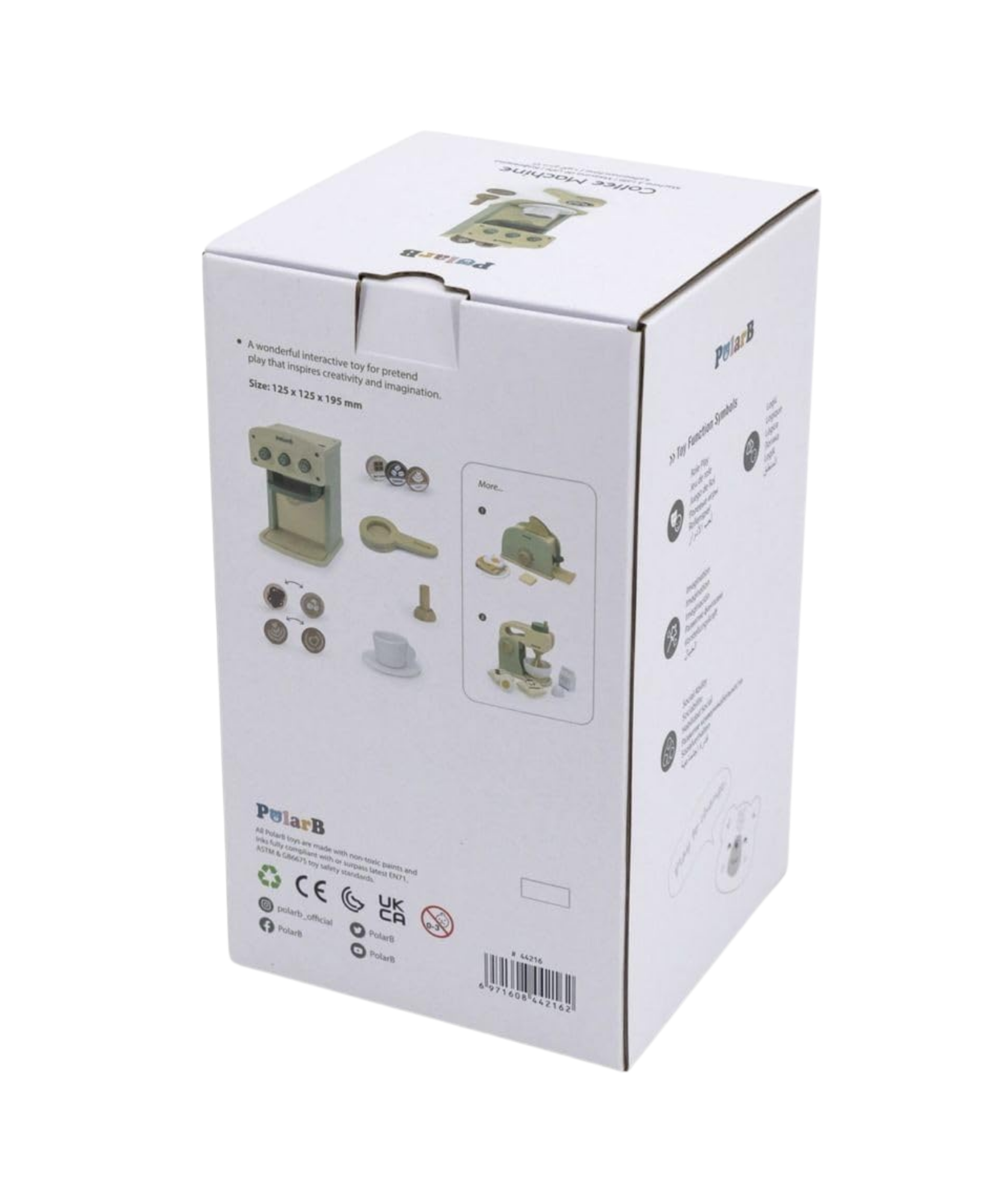 PolarB Wooden Coffee Machine Toy for Kids, Pretend Play Cafe Set with Cup, Saucer, Coffee Pods and Accessories, Role Play Barista Toy for Ages 3 and Up