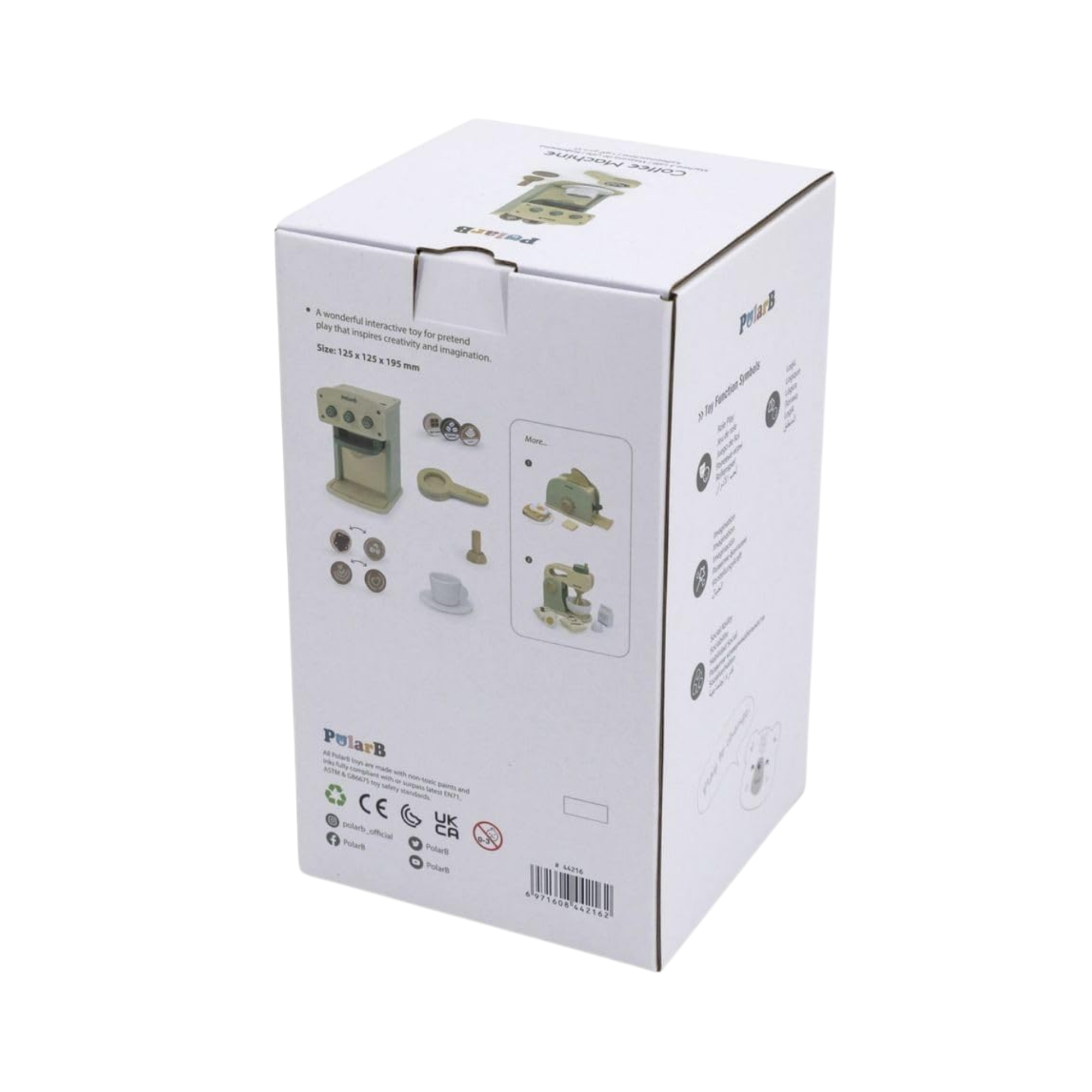 PolarB Wooden Coffee Machine Toy for Kids, Pretend Play Cafe Set with Cup, Saucer, Coffee Pods and Accessories, Role Play Barista Toy for Ages 3 and Up