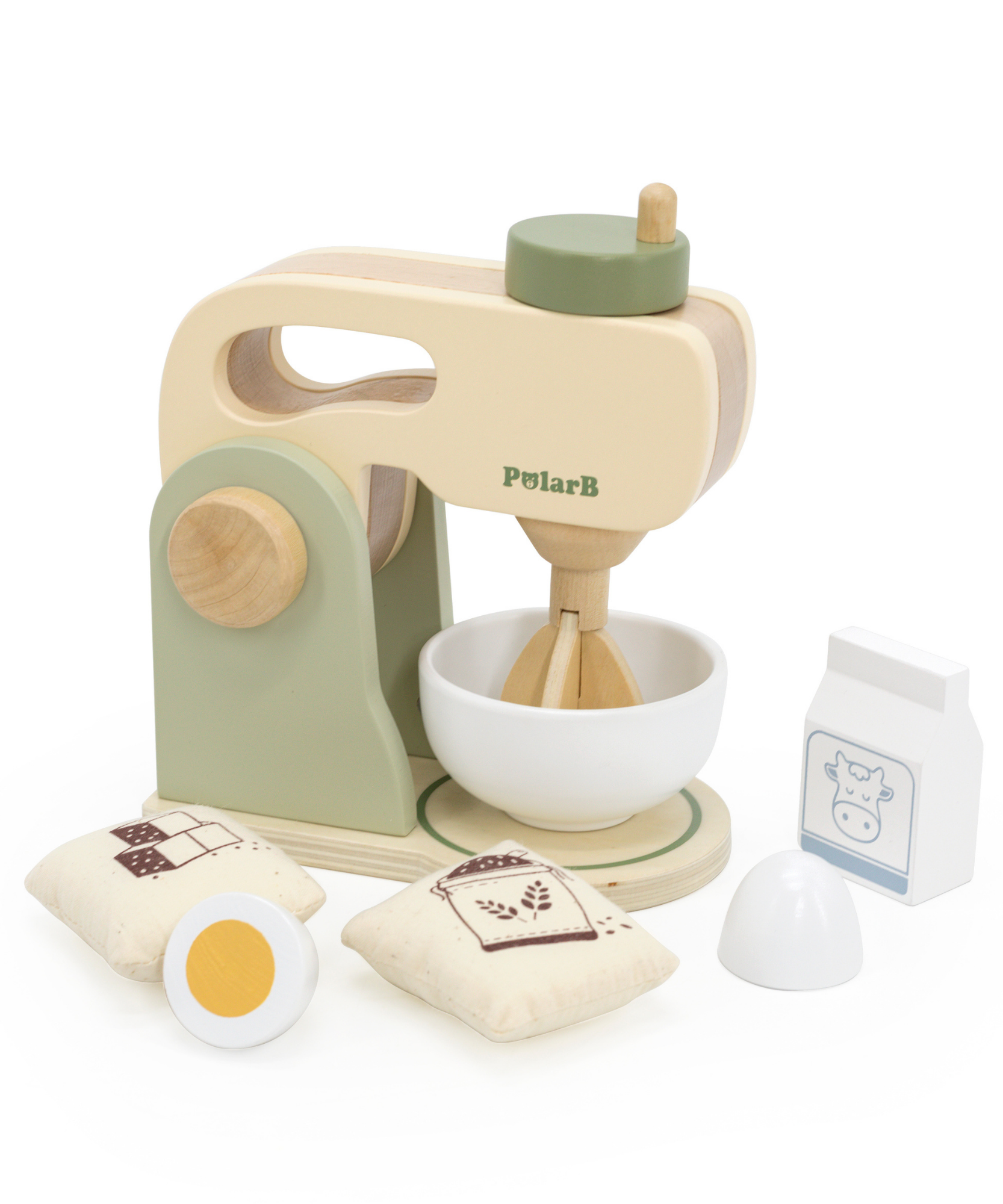 PolarB Wooden Kitchen Mixer Set for Kids, Pretend Play Baking Toy with Bowl, Egg, Milk, Flour and Sugar, Role Play Kitchen Appliance for Children Ages 3 and Up