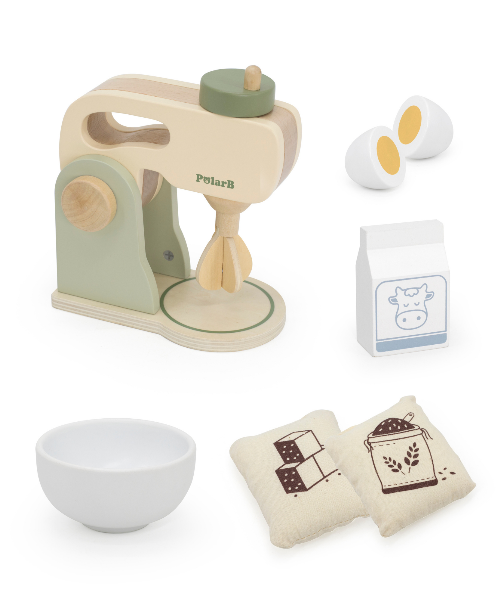 PolarB Wooden Kitchen Mixer Set for Kids, Pretend Play Baking Toy with Bowl, Egg, Milk, Flour and Sugar, Role Play Kitchen Appliance for Children Ages 3 and Up
