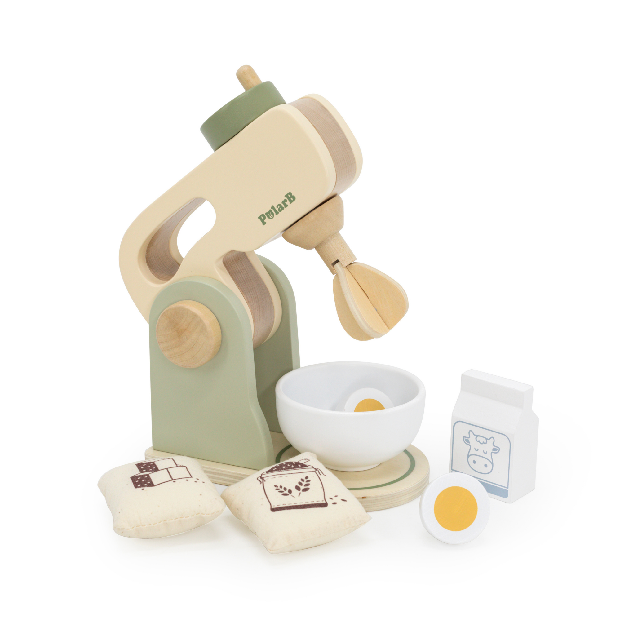 PolarB Wooden Kitchen Mixer Set for Kids, Pretend Play Baking Toy with Bowl, Egg, Milk, Flour and Sugar, Role Play Kitchen Appliance for Children Ages 3 and Up