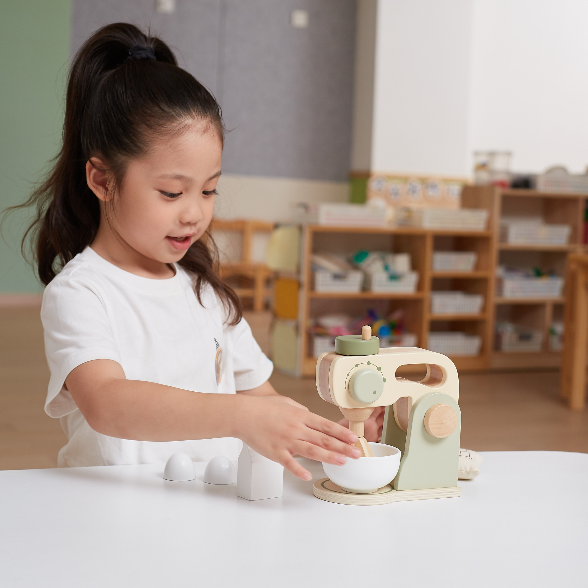 PolarB Wooden Kitchen Mixer Set for Kids, Pretend Play Baking Toy with Bowl, Egg, Milk, Flour and Sugar, Role Play Kitchen Appliance for Children Ages 3 and Up