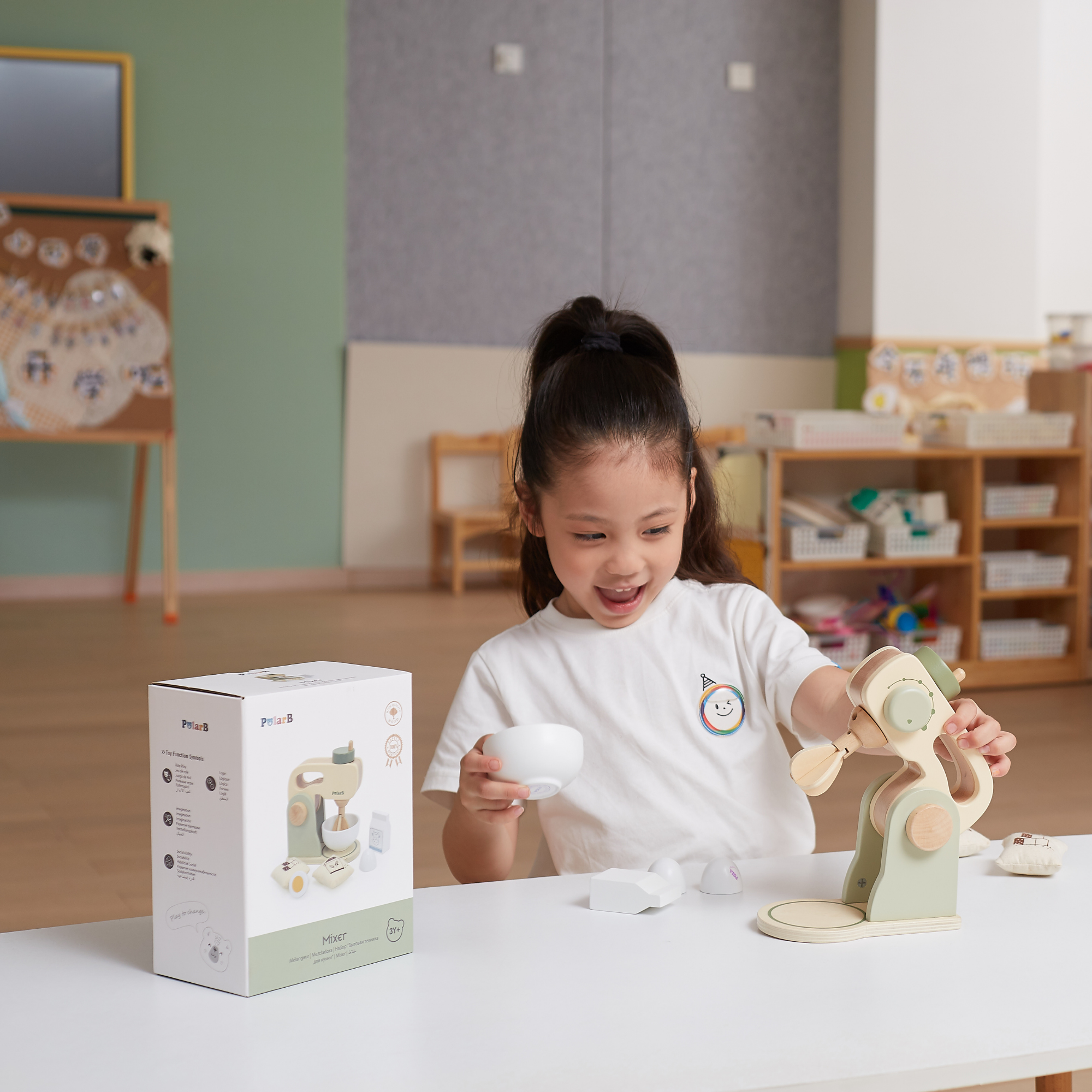 PolarB Wooden Kitchen Mixer Set for Kids, Pretend Play Baking Toy with Bowl, Egg, Milk, Flour and Sugar, Role Play Kitchen Appliance for Children Ages 3 and Up