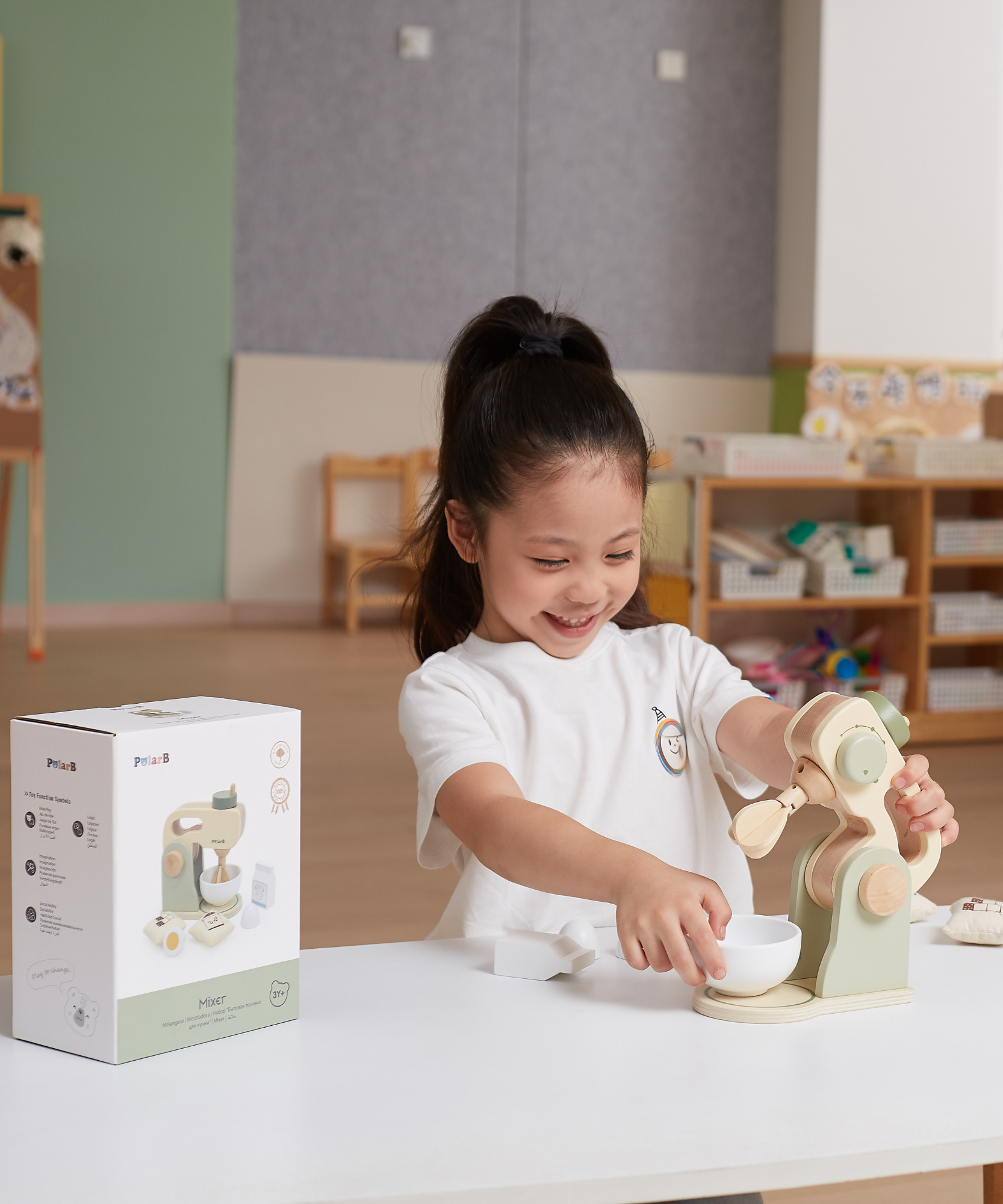 PolarB Wooden Kitchen Mixer Set for Kids, Pretend Play Baking Toy with Bowl, Egg, Milk, Flour and Sugar, Role Play Kitchen Appliance for Children Ages 3 and Up