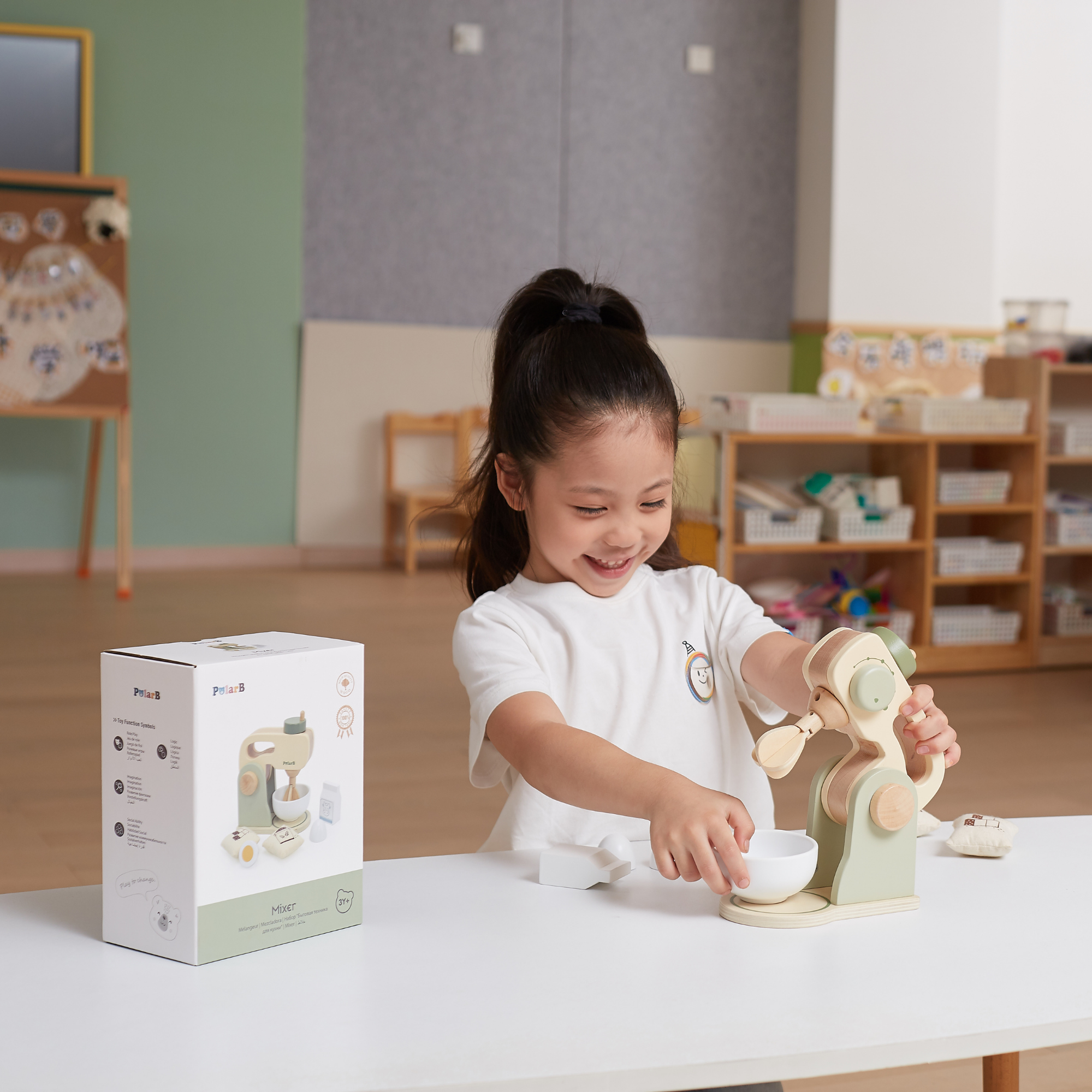 PolarB Wooden Kitchen Mixer Set for Kids, Pretend Play Baking Toy with Bowl, Egg, Milk, Flour and Sugar, Role Play Kitchen Appliance for Children Ages 3 and Up