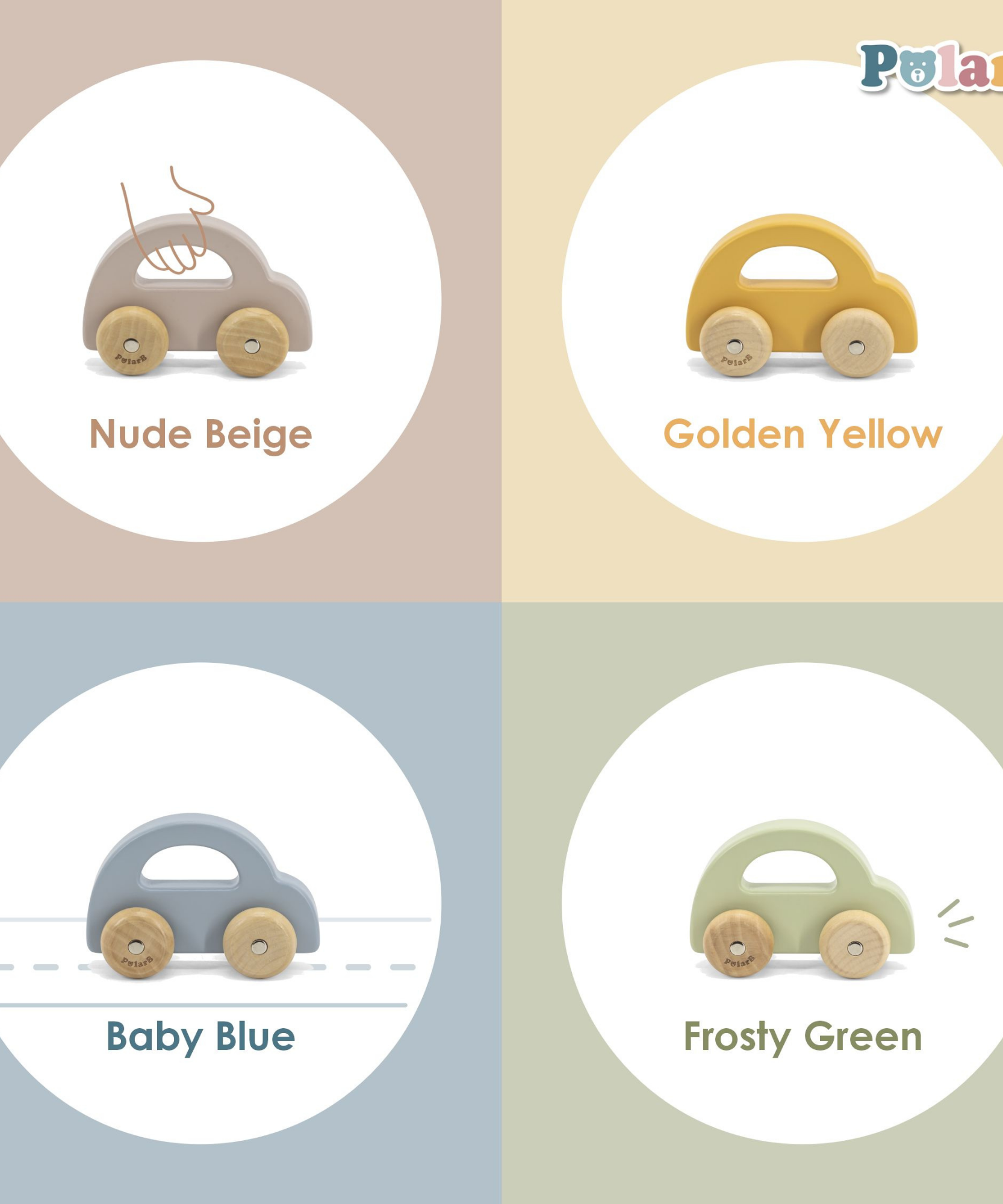 PolarB Wooden Car Push and Pull Toy for Babies, Montessori-Inspired Natural Wood Vehicle with Smooth Wheels, Pastel Tones, Safe for 6 Months and Up, Yellow