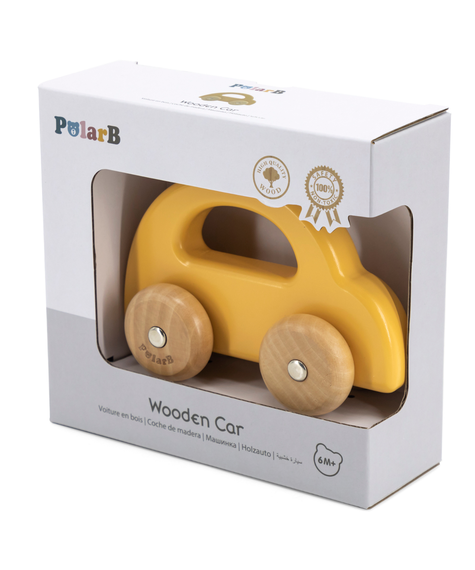 PolarB Wooden Car Push and Pull Toy for Babies, Montessori-Inspired Natural Wood Vehicle with Smooth Wheels, Pastel Tones, Safe for 6 Months and Up, Yellow