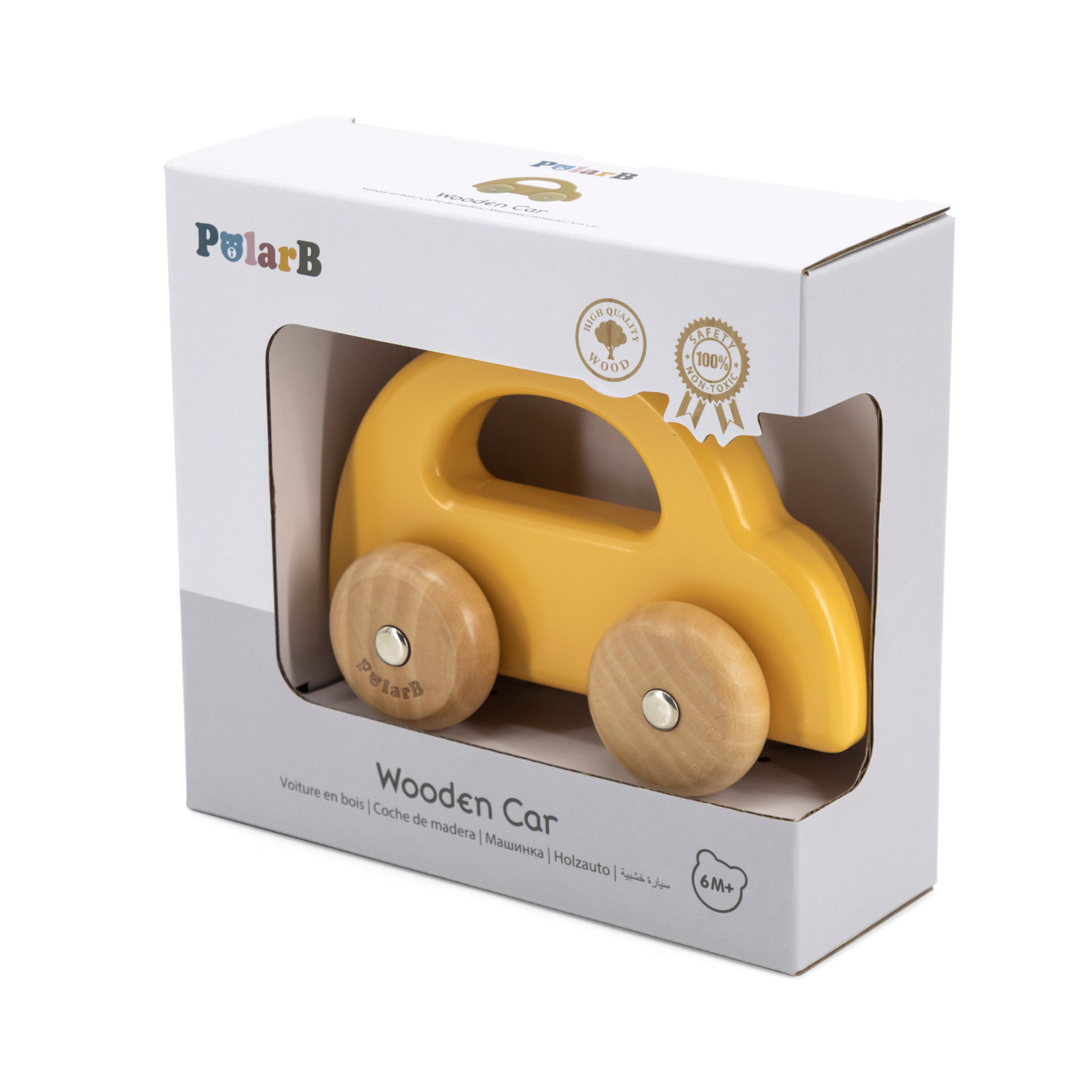 PolarB Wooden Car Push and Pull Toy for Babies, Montessori-Inspired Natural Wood Vehicle with Smooth Wheels, Pastel Tones, Safe for 6 Months and Up, Yellow