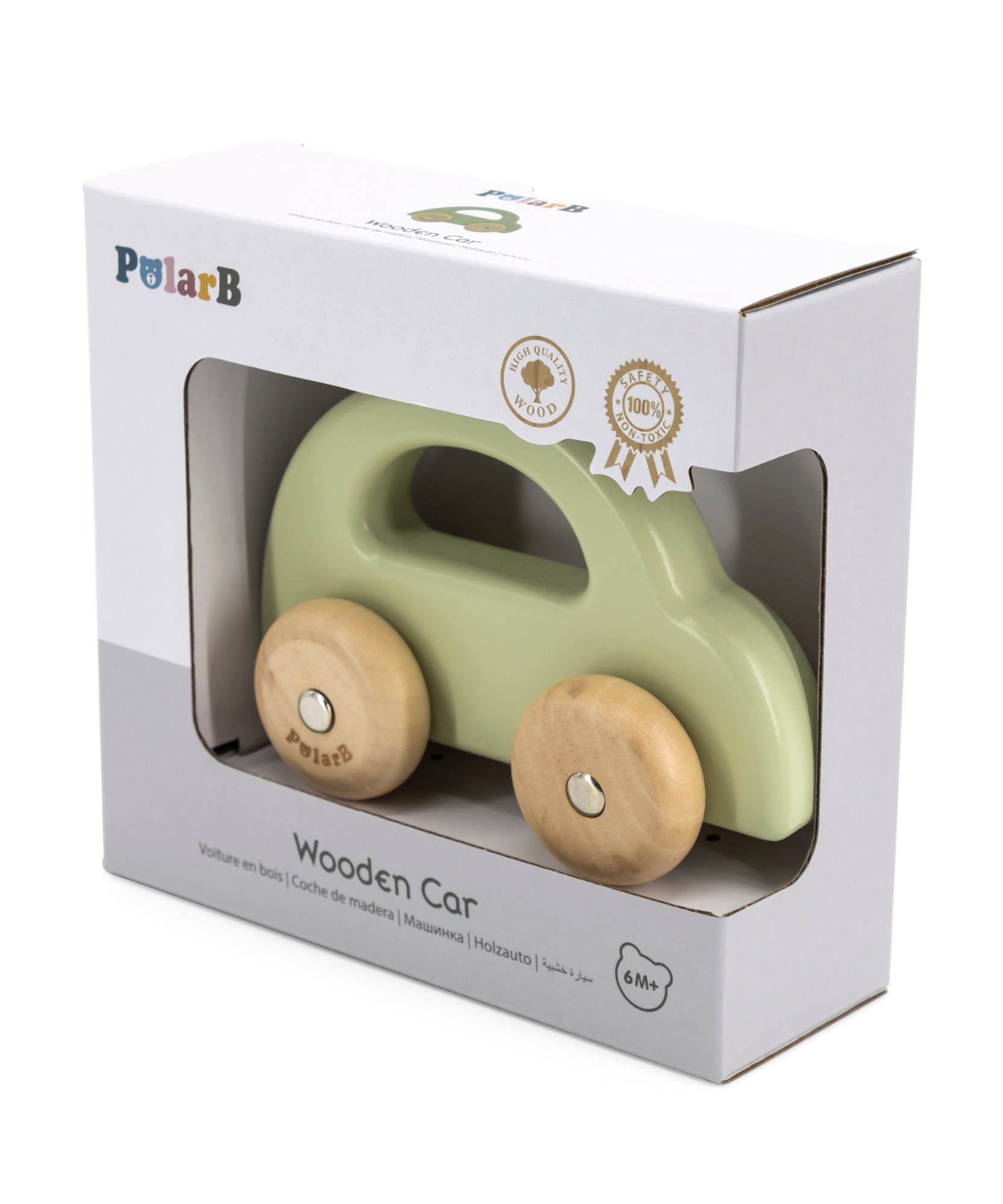 PolarB Wooden Car Push and Pull Toy for Babies, Montessori-Inspired Natural Wood Vehicle with Smooth Wheels, Pastel Tones, Safe for 6 Months and Up, Green