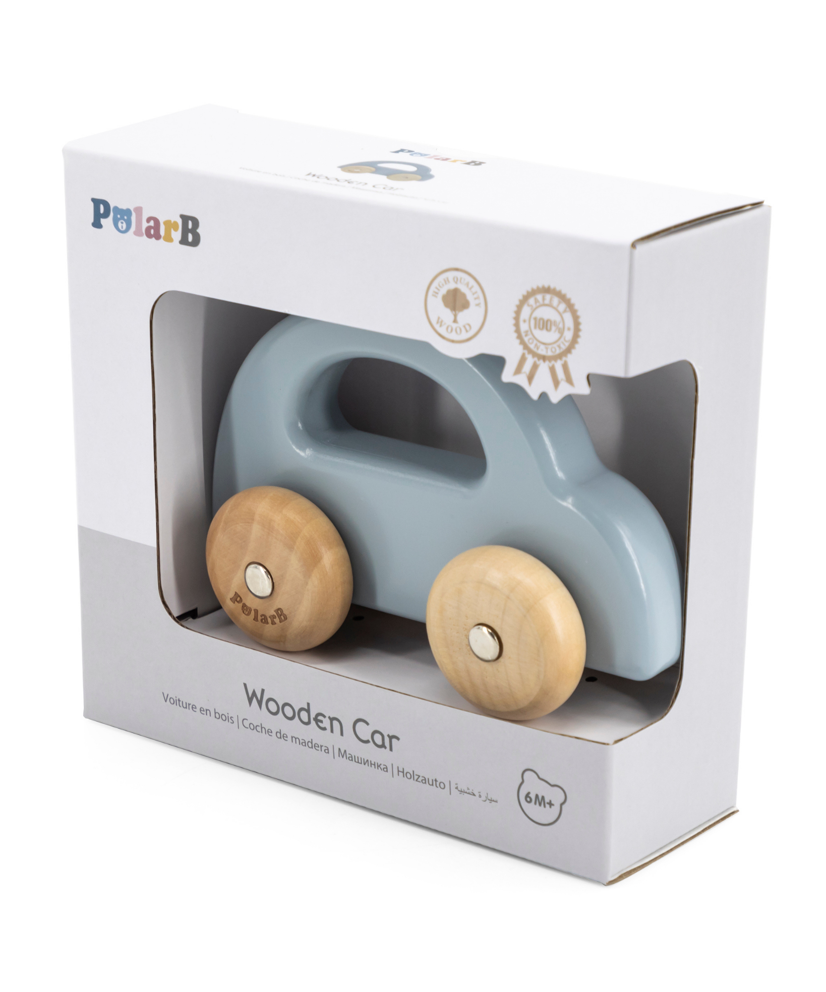 PolarB Wooden Car Push and Pull Toy for Babies, Montessori-Inspired Natural Wood Vehicle with Smooth Wheels, Pastel Tones, Safe for 6 Months and Up, Blue