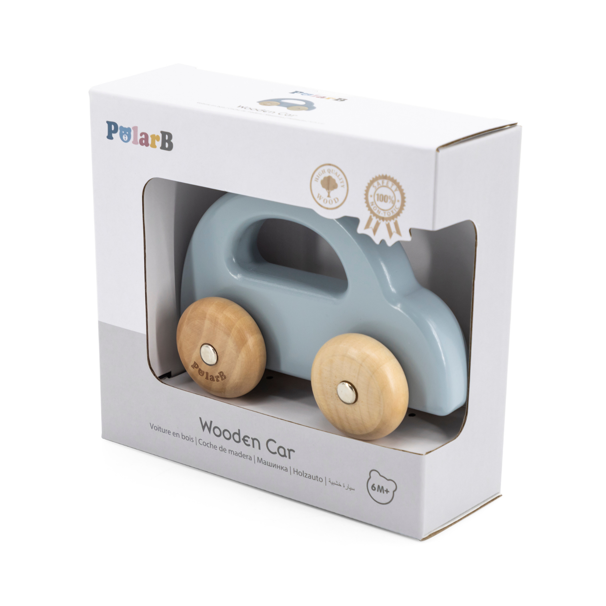 PolarB Wooden Car Push and Pull Toy for Babies, Montessori-Inspired Natural Wood Vehicle with Smooth Wheels, Pastel Tones, Safe for 6 Months and Up, Blue