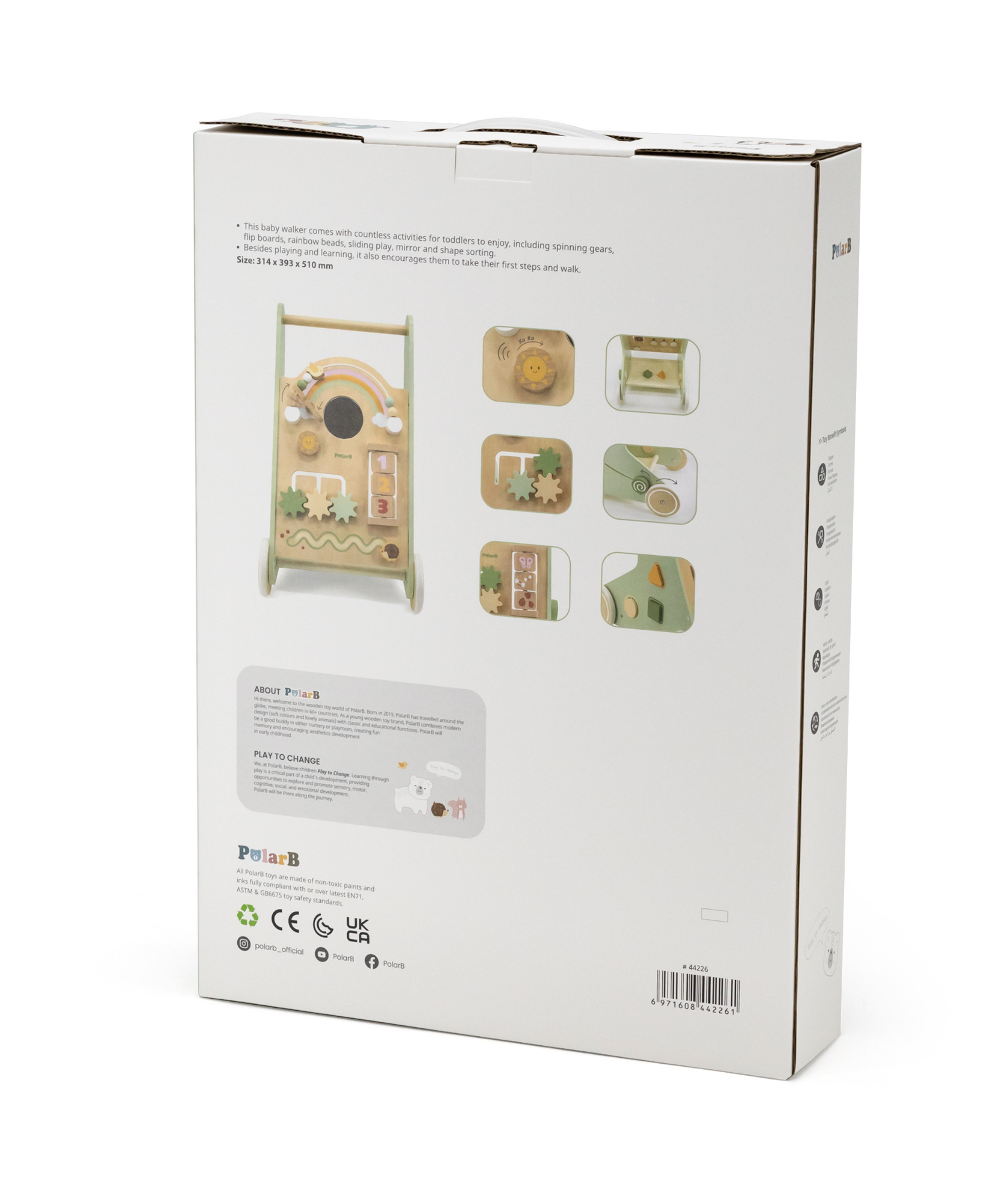 PolarB Wooden Baby Walker for Toddlers with Educational Activities and Toy Storage, Includes Shape Sorter, Mirror, Beads, Gears and More, For Ages 18 Months and Up