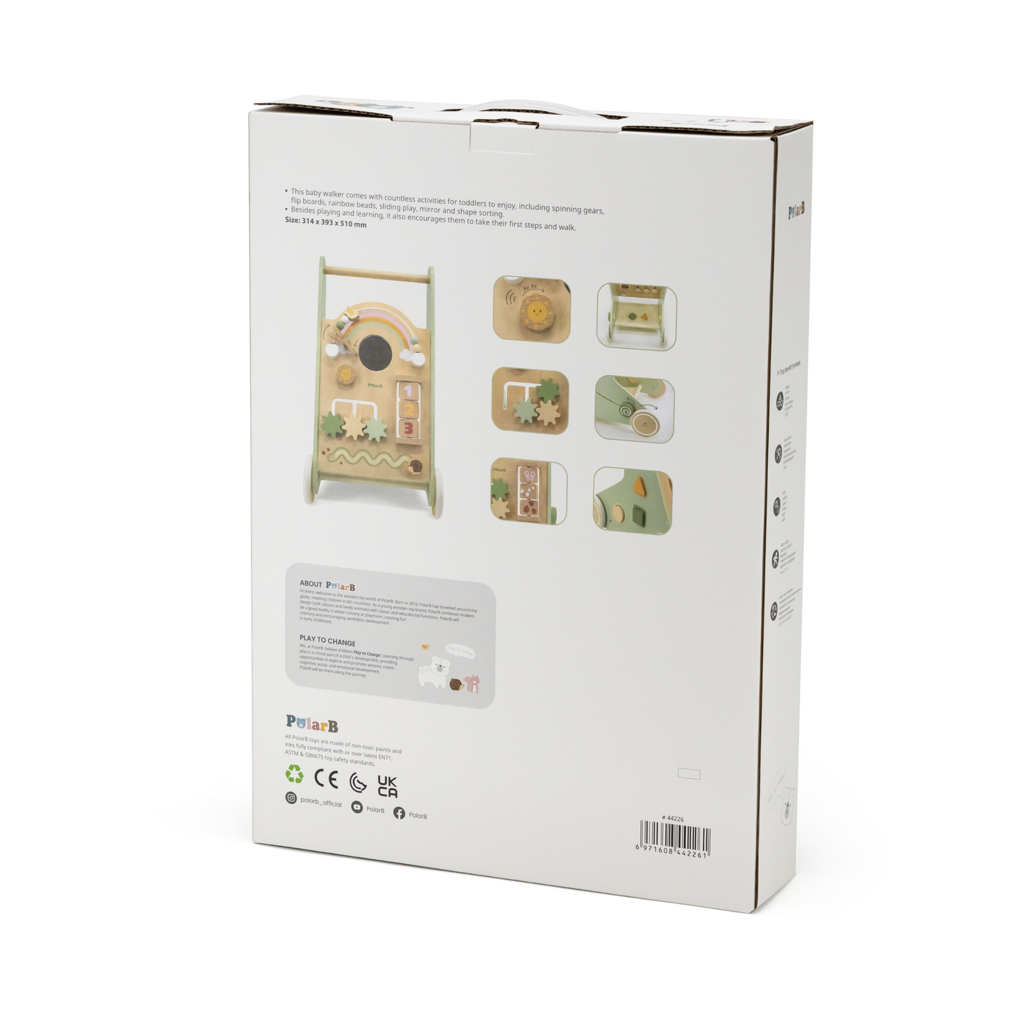 مشاية أطفال خشبية من PolarB للأطفال الصغار مع أنشطة تعليمية وتخزين للألعاب، تتضمن أداة فرز الأشكال، ومرآة، وخرز، وتروس، والمزيد، للأعمار من 18 شهرًا فما فوق