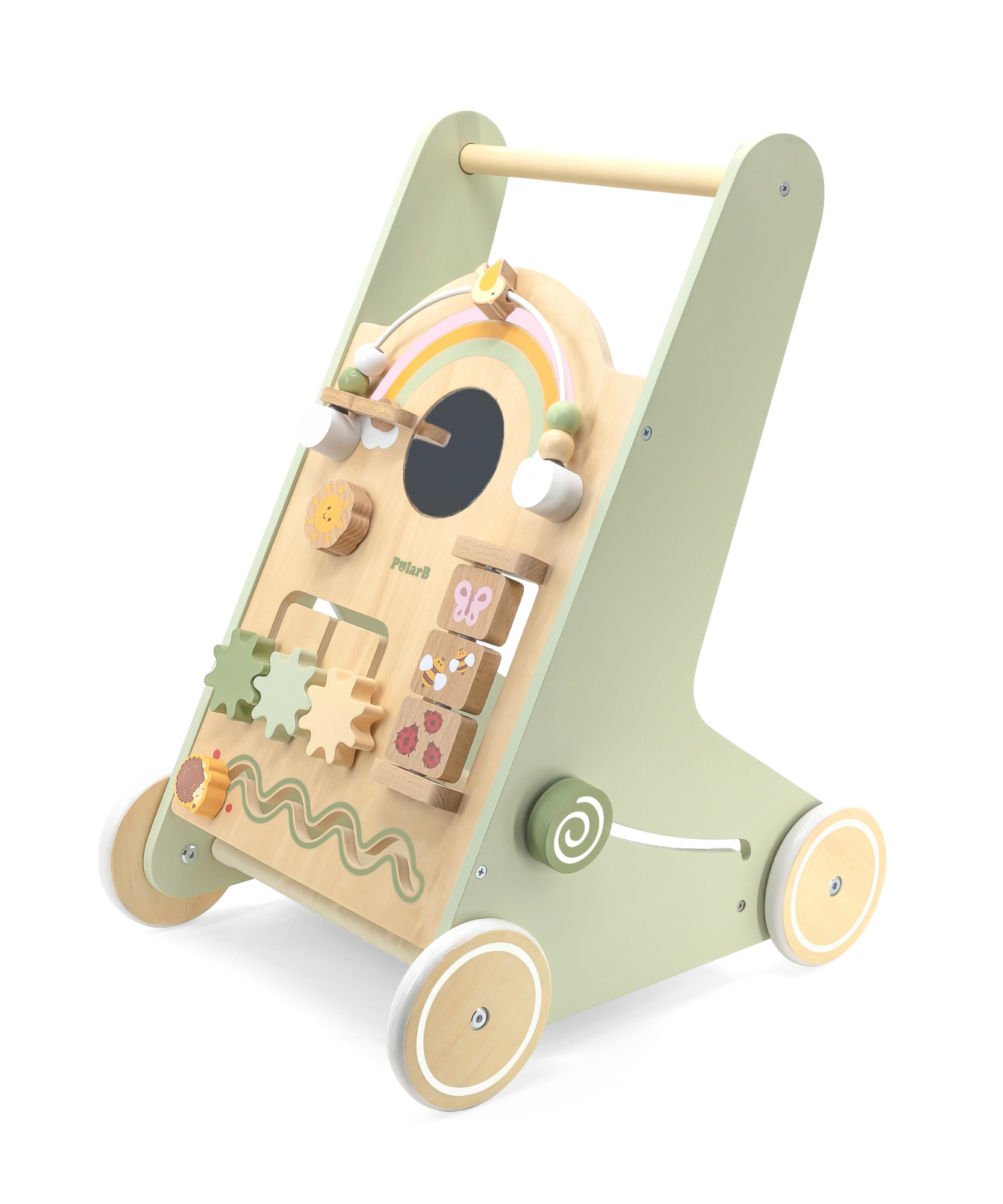 PolarB Wooden Baby Walker for Toddlers with Educational Activities and Toy Storage, Includes Shape Sorter, Mirror, Beads, Gears and More, For Ages 18 Months and Up