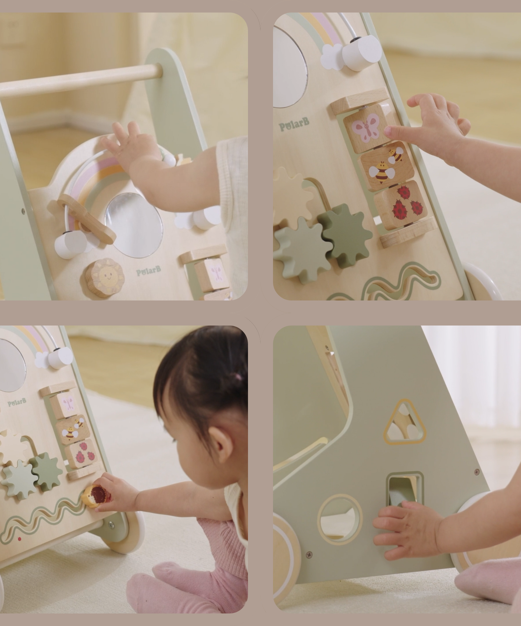 PolarB Wooden Baby Walker for Toddlers with Educational Activities and Toy Storage, Includes Shape Sorter, Mirror, Beads, Gears and More, For Ages 18 Months and Up