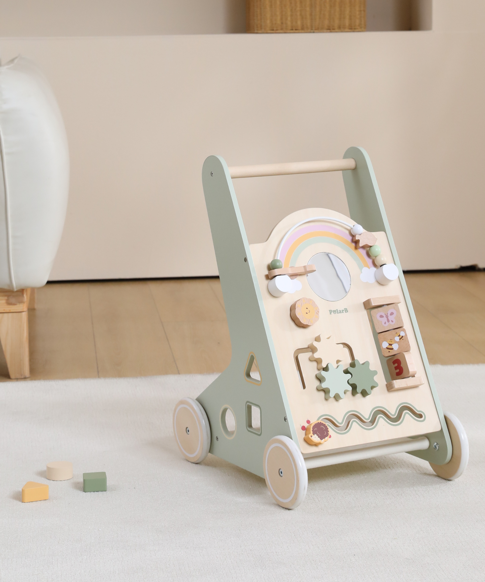 PolarB Wooden Baby Walker for Toddlers with Educational Activities and Toy Storage, Includes Shape Sorter, Mirror, Beads, Gears and More, For Ages 18 Months and Up