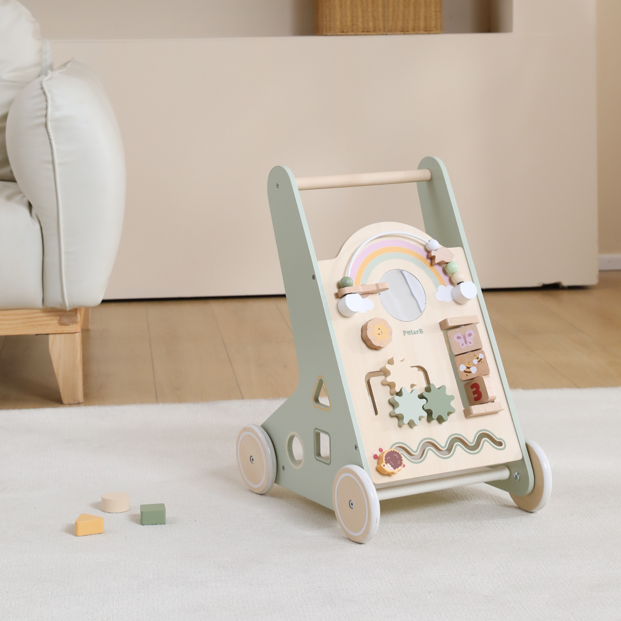 PolarB Wooden Baby Walker for Toddlers with Educational Activities and Toy Storage, Includes Shape Sorter, Mirror, Beads, Gears and More, For Ages 18 Months and Up