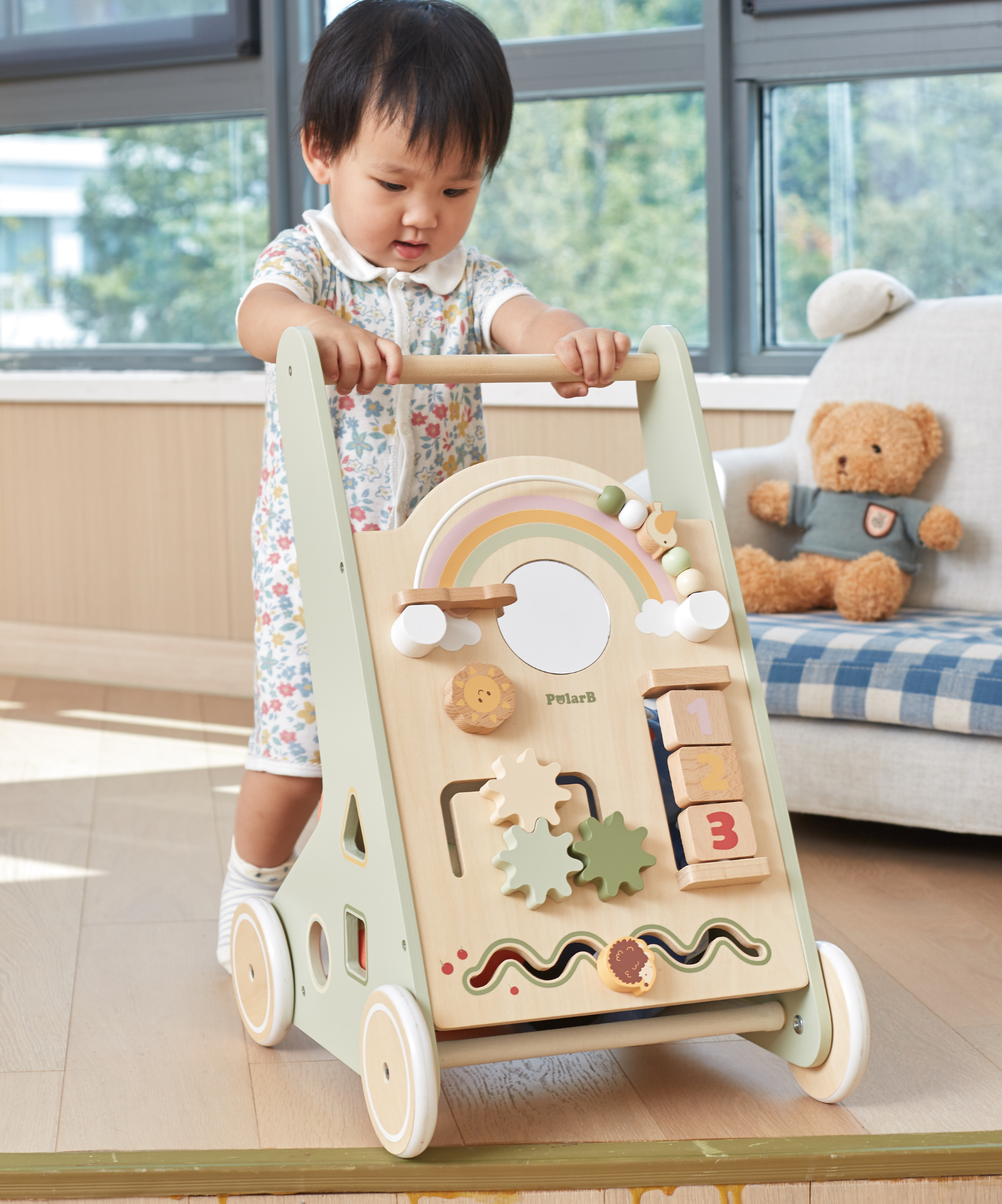 PolarB Wooden Baby Walker for Toddlers with Educational Activities and Toy Storage, Includes Shape Sorter, Mirror, Beads, Gears and More, For Ages 18 Months and Up