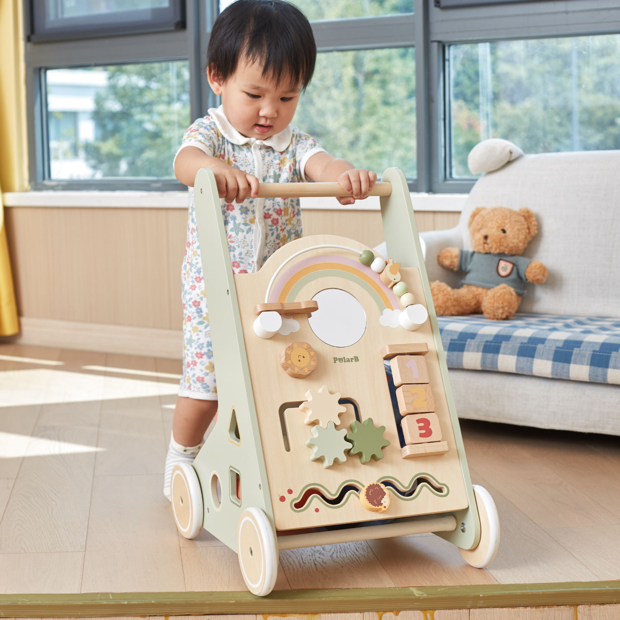 PolarB Wooden Baby Walker for Toddlers with Educational Activities and Toy Storage, Includes Shape Sorter, Mirror, Beads, Gears and More, For Ages 18 Months and Up