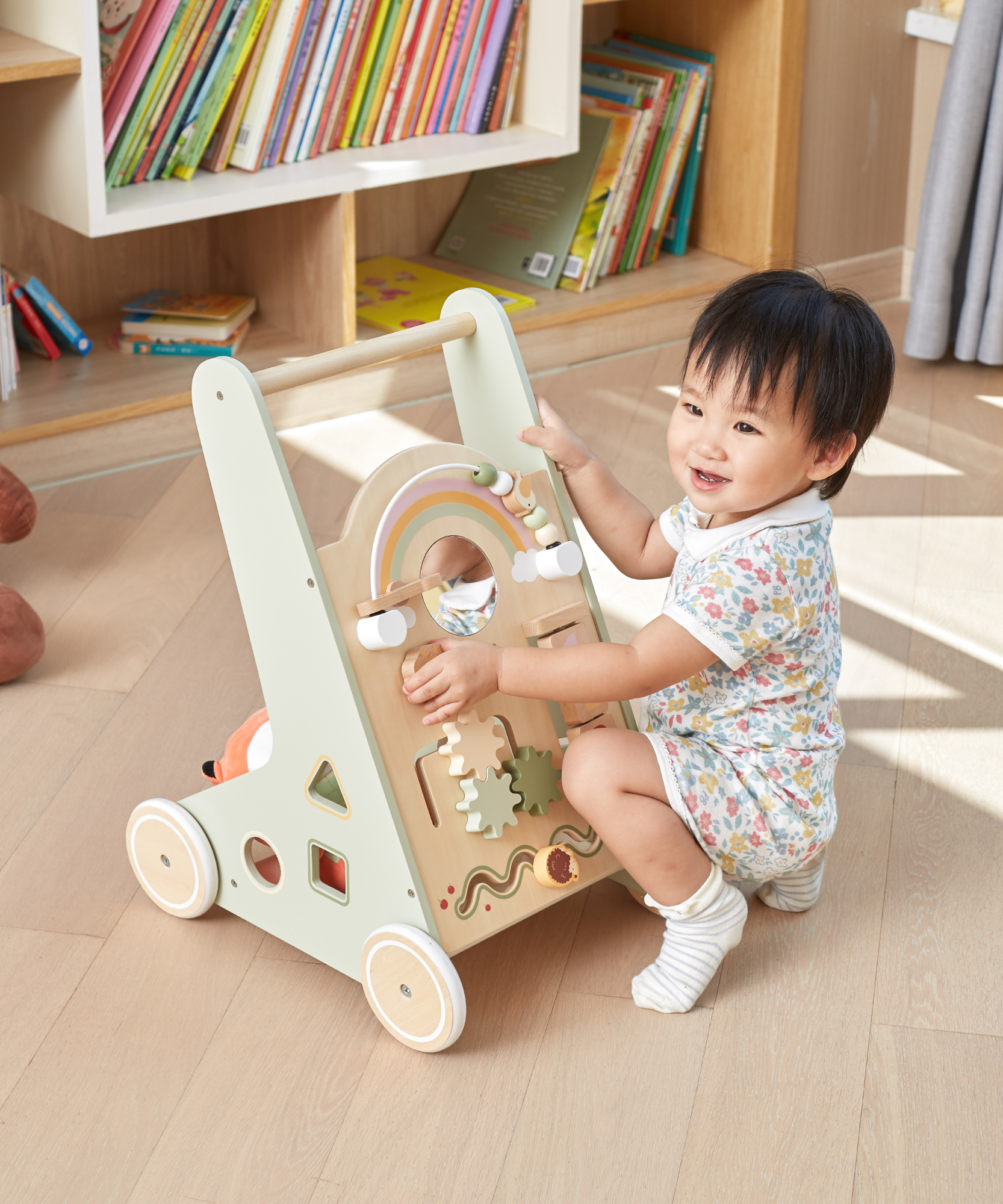 PolarB Wooden Baby Walker for Toddlers with Educational Activities and Toy Storage, Includes Shape Sorter, Mirror, Beads, Gears and More, For Ages 18 Months and Up