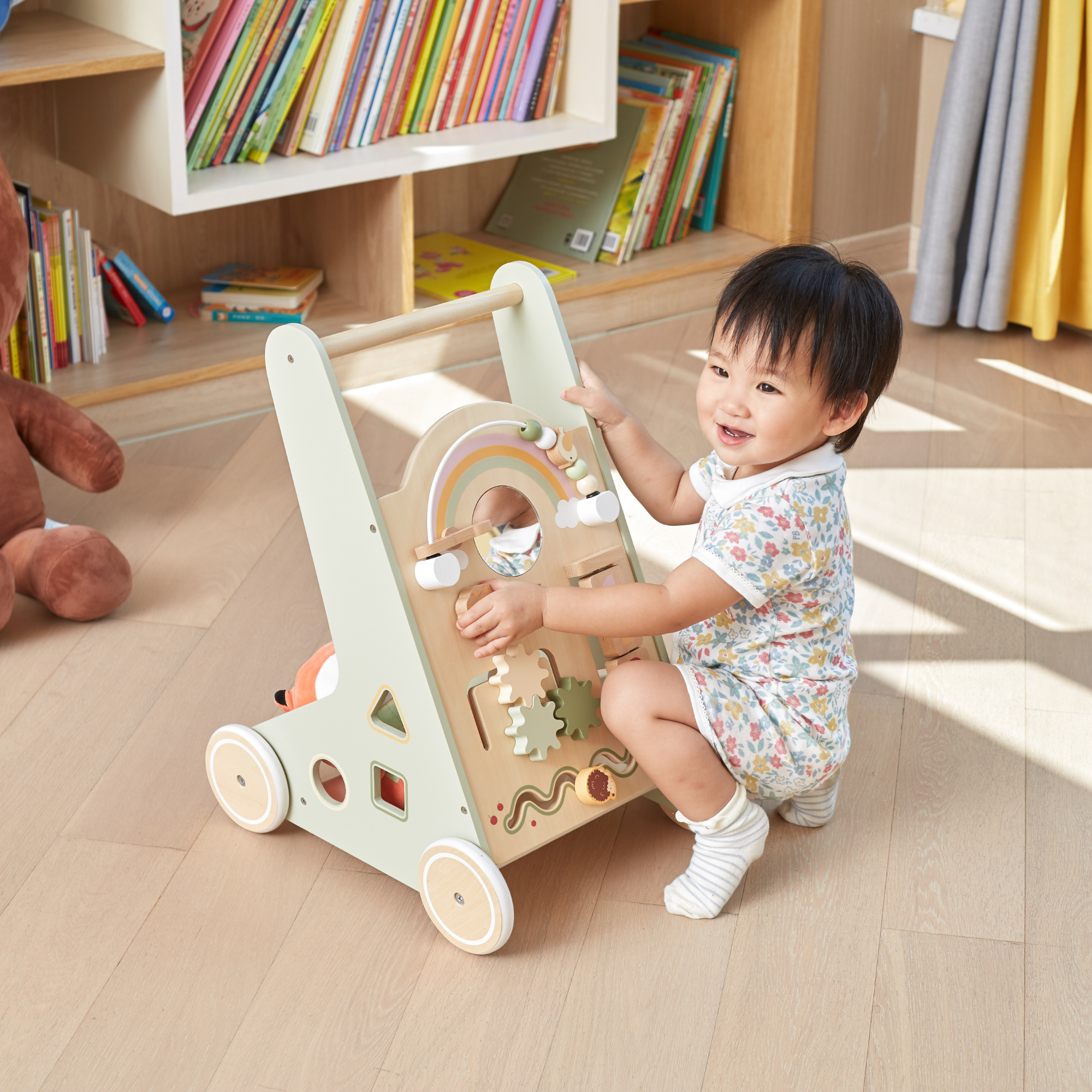 PolarB Wooden Baby Walker for Toddlers with Educational Activities and Toy Storage, Includes Shape Sorter, Mirror, Beads, Gears and More, For Ages 18 Months and Up